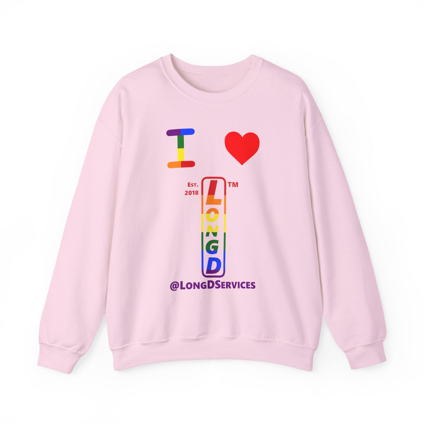 I Luv LongD positive horizontal 6-striped tag upright logo crewneck sweatshirt