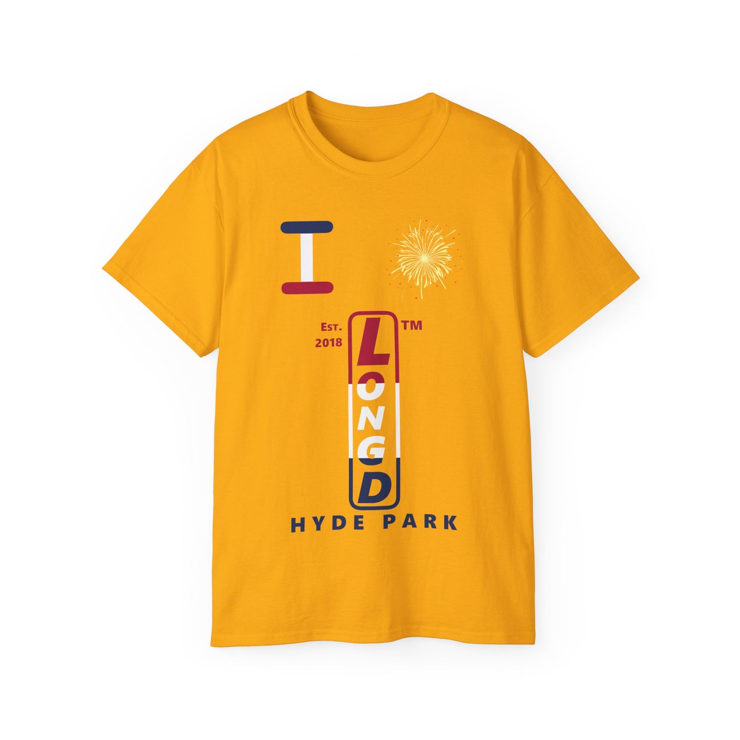 I Burst LongD cotton tee positive horizontal 3-striped Hyde Park upright logo (Patriotic colors)