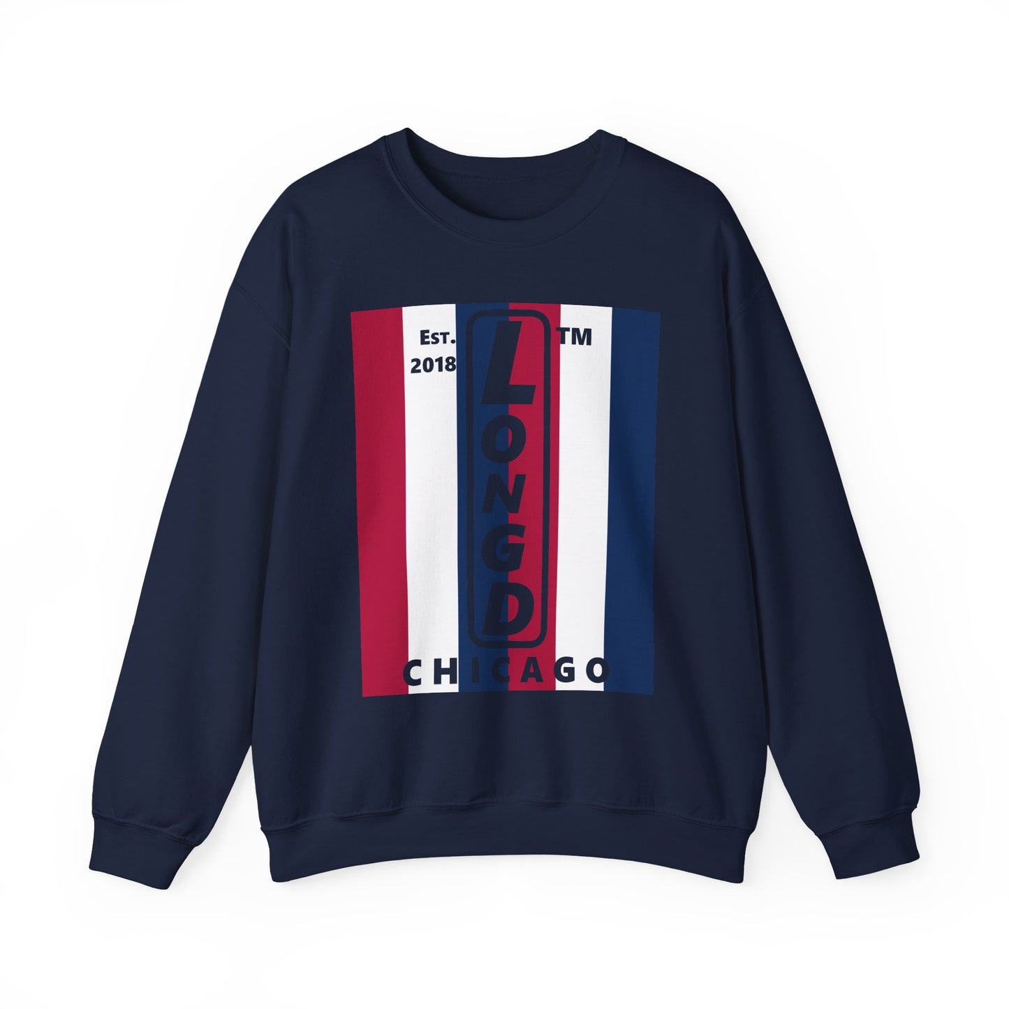 LongD negative vertical 6-striped Chicago logo crewneck sweatshirt (patriotic colors)