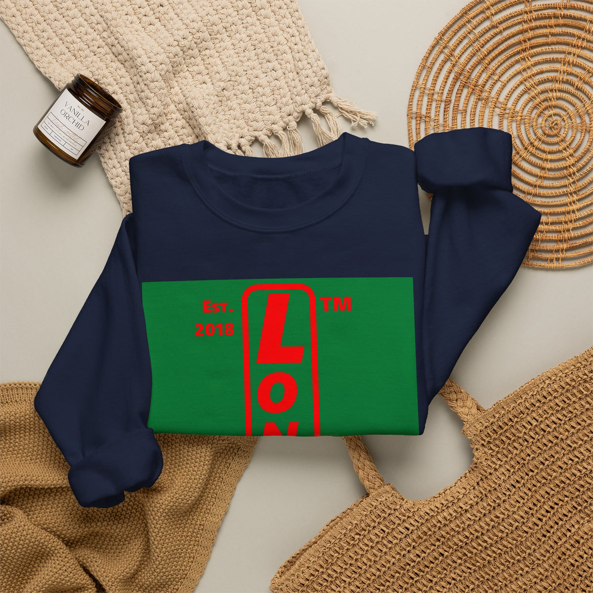 LongD Chicago upright logo positive red on negative green (Xmas colors) crewneck sweatshirt