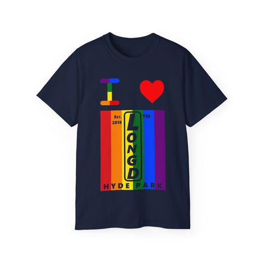 I Luv LongD Cotton Tee negative vertical striped Hyde Park upright logo (Pride colors)