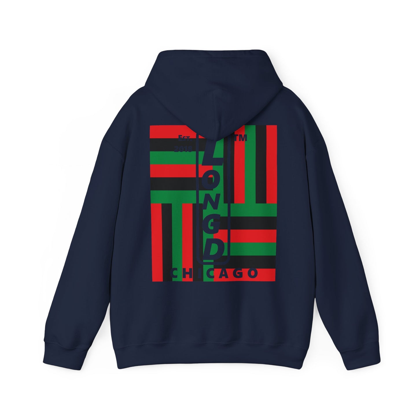 LongD single-breasted negative windmill front-back upright Chicago logo hoodie (Juneteenth colors)