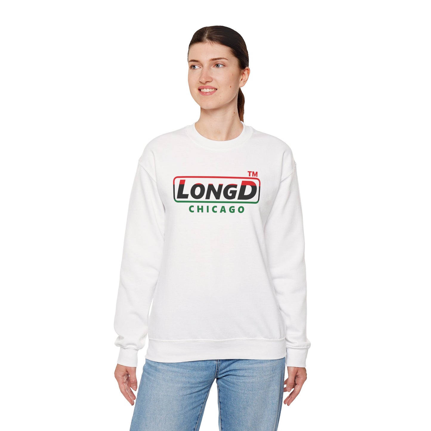 LongD positive horizontal 3-striped Chicago logo crewneck sweatshirt (Juneteenth colors)
