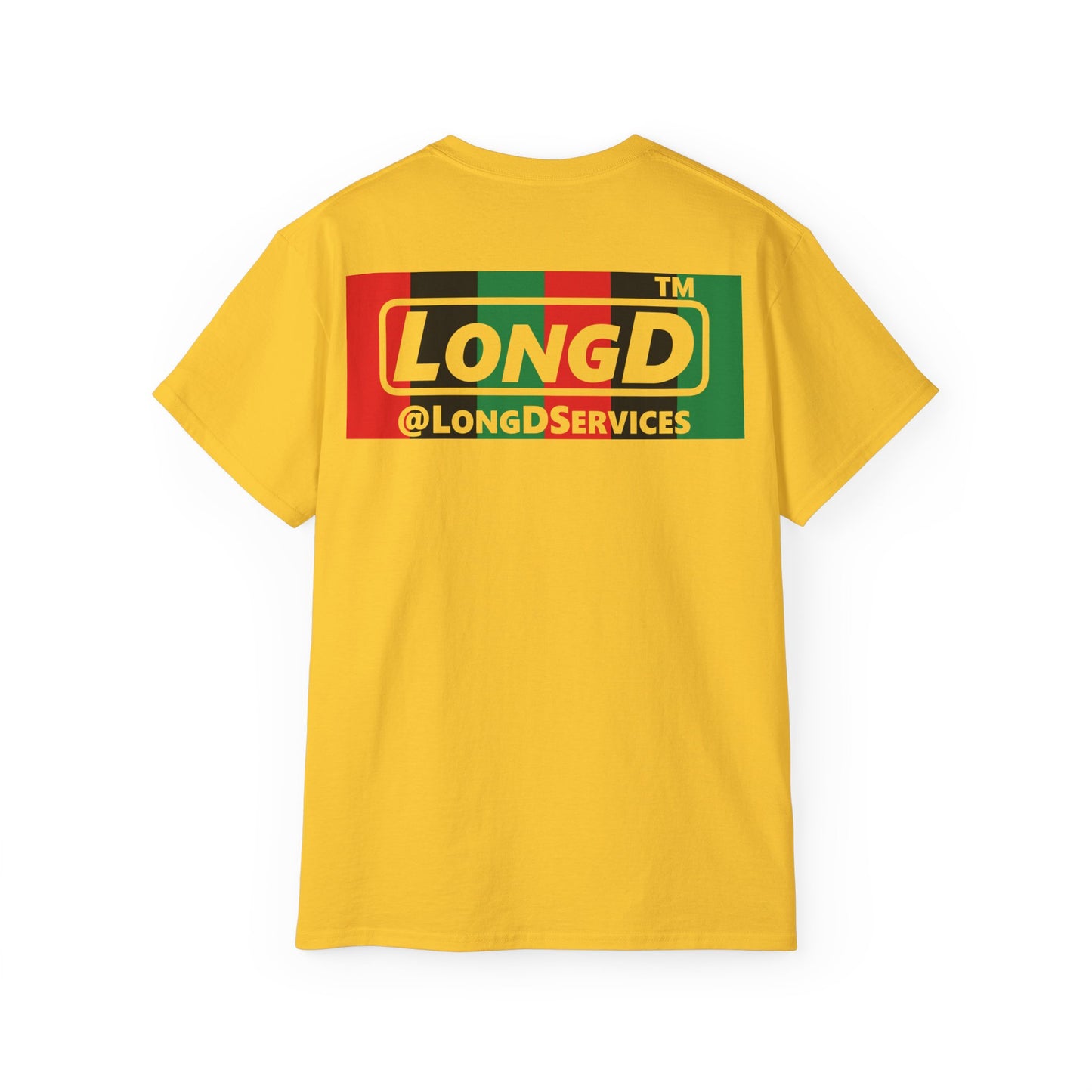 LongD negative vertical 6-striped Hyde Park logo front-back cotton tee (Juneteenth colors)