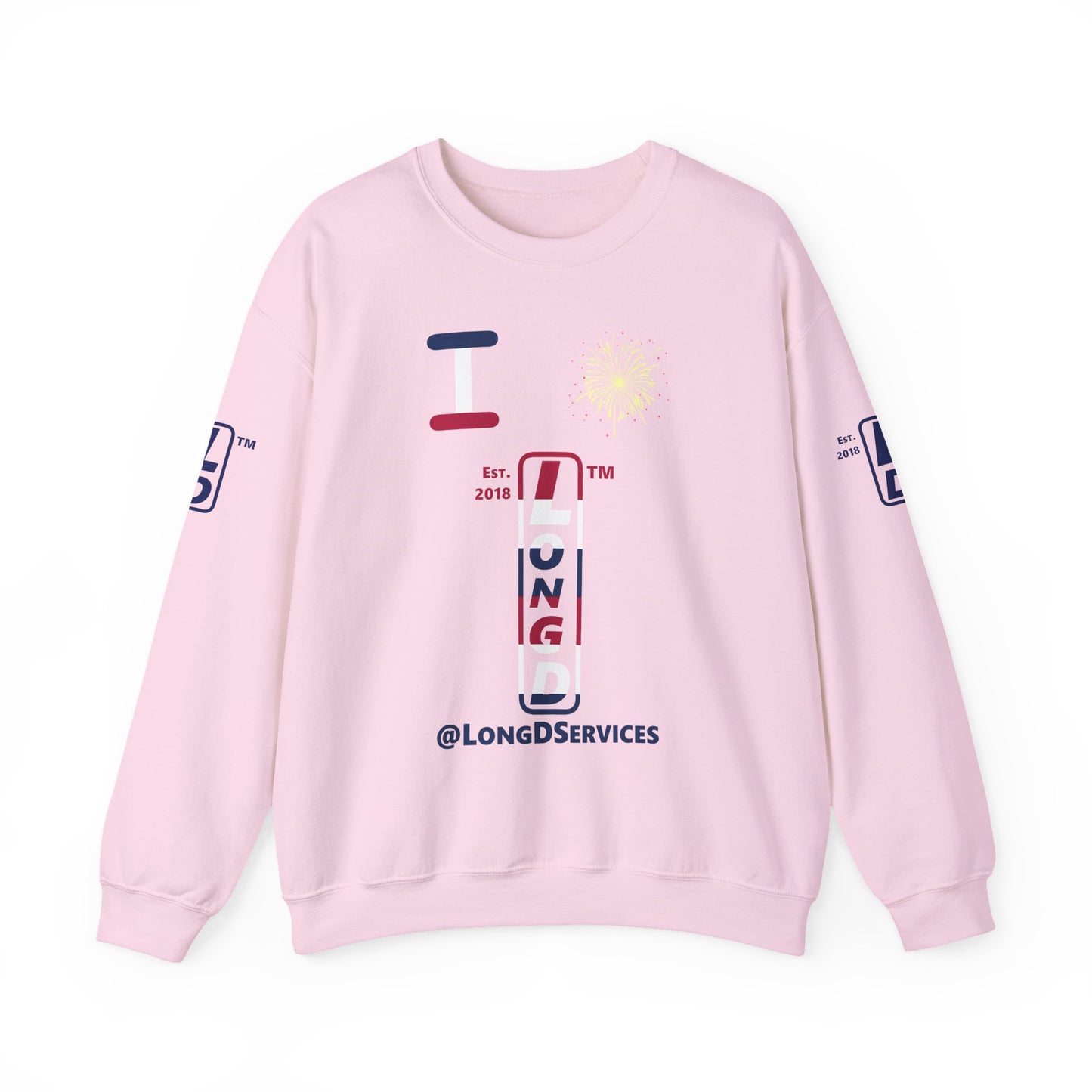 I Burst LongD positive horizontal 6-striped tag upright 4-print logo crewneck sweatshirt