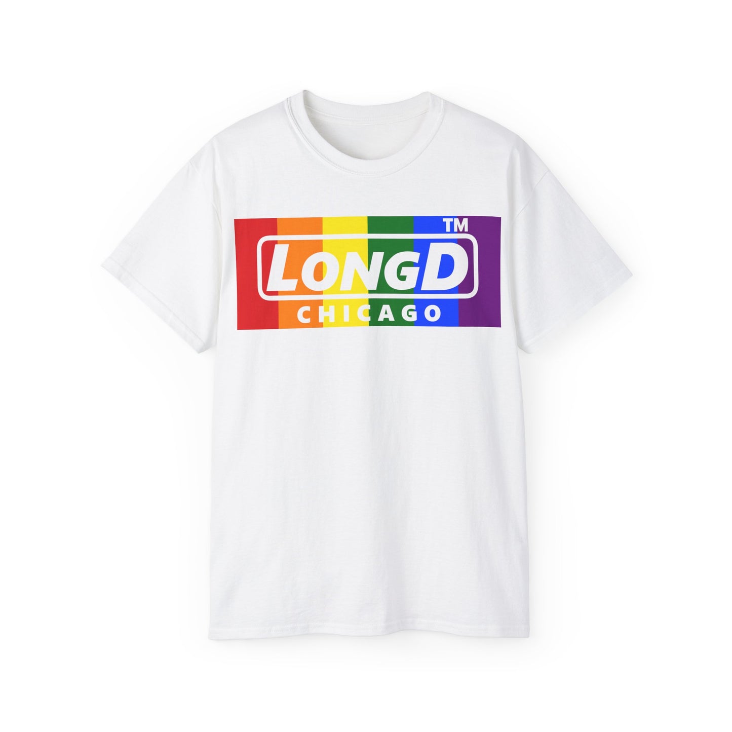 LongD negative vertical striped Chicago logo cotton tee (Pride colors)