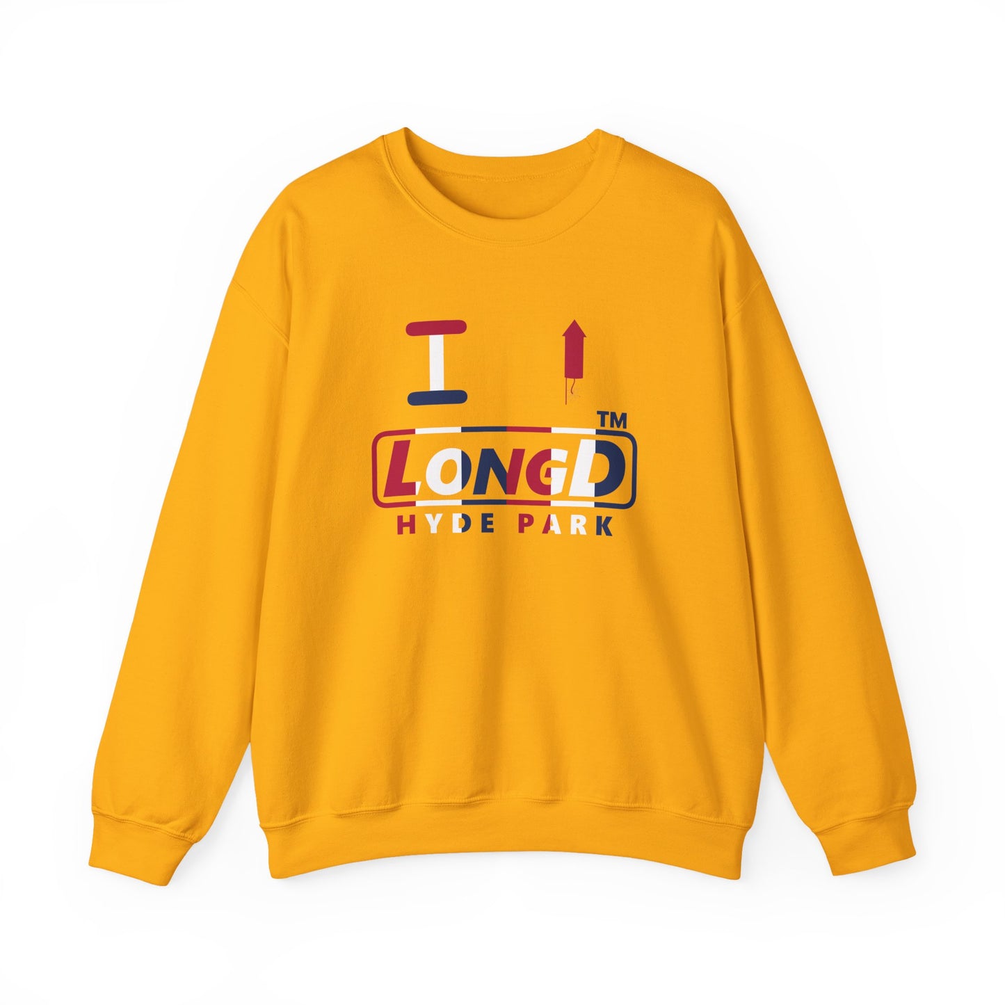 I firecracker LongD positive vertical 6-striped Hyde Park logo crewneck sweatshirt