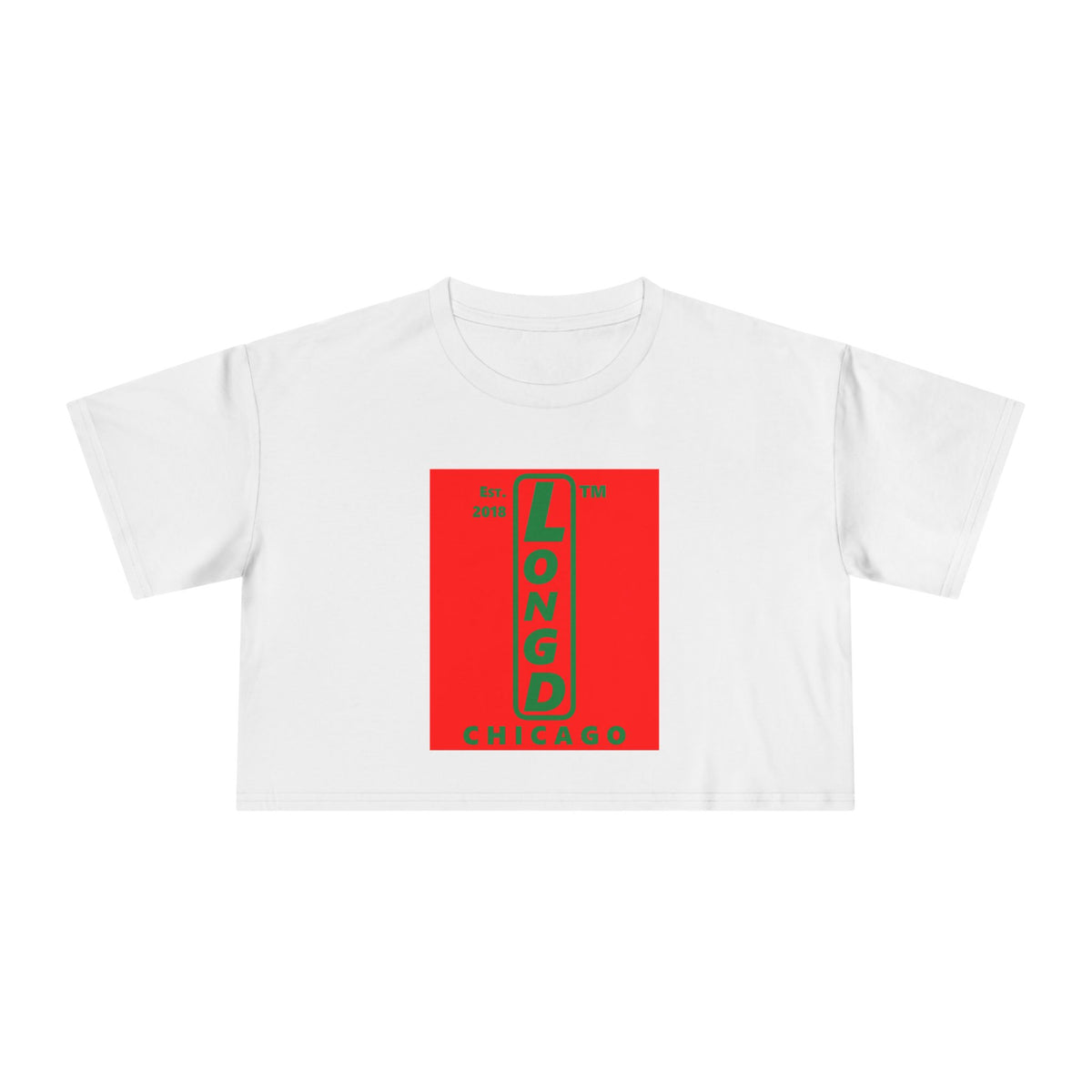 LongD Chicago upright logo positive green on negative red (Xmas colors) crop tee