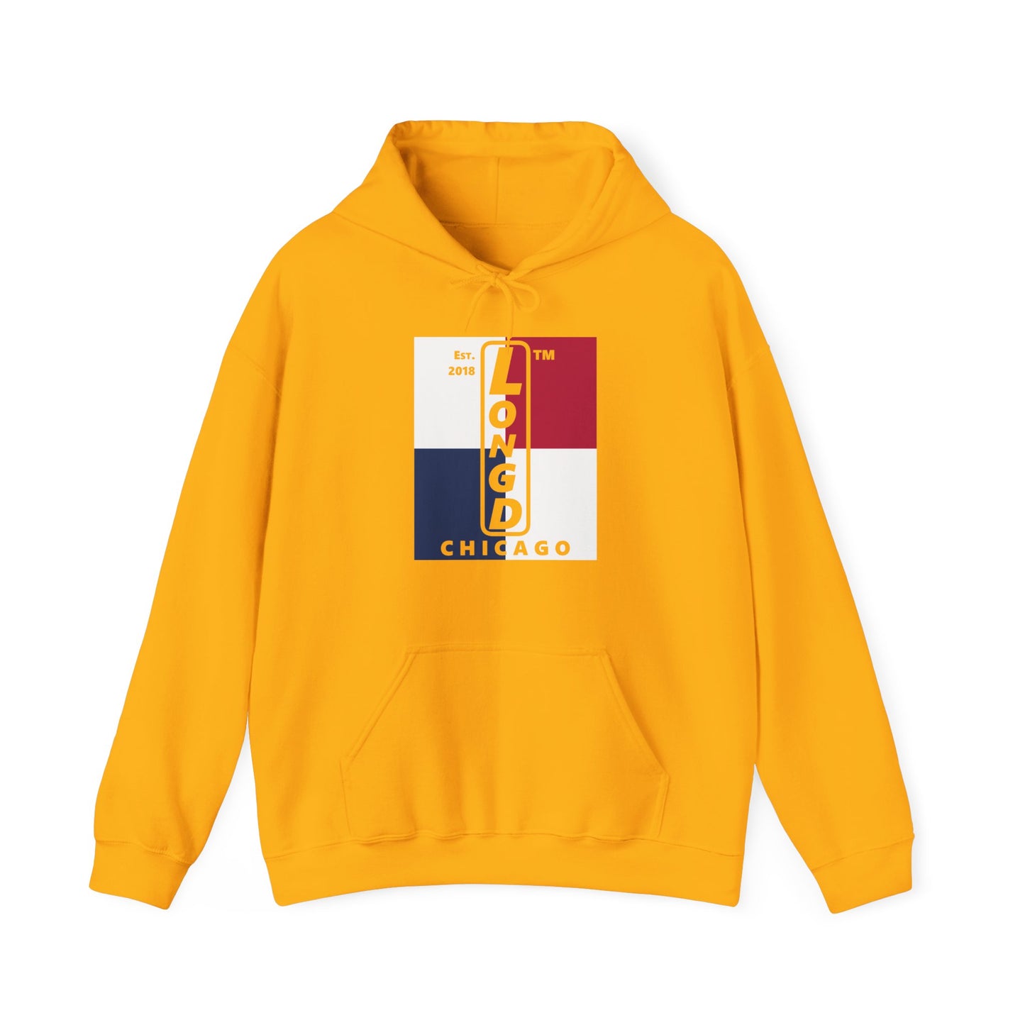 LongD® negative quarters upright Chicago logo hoodie