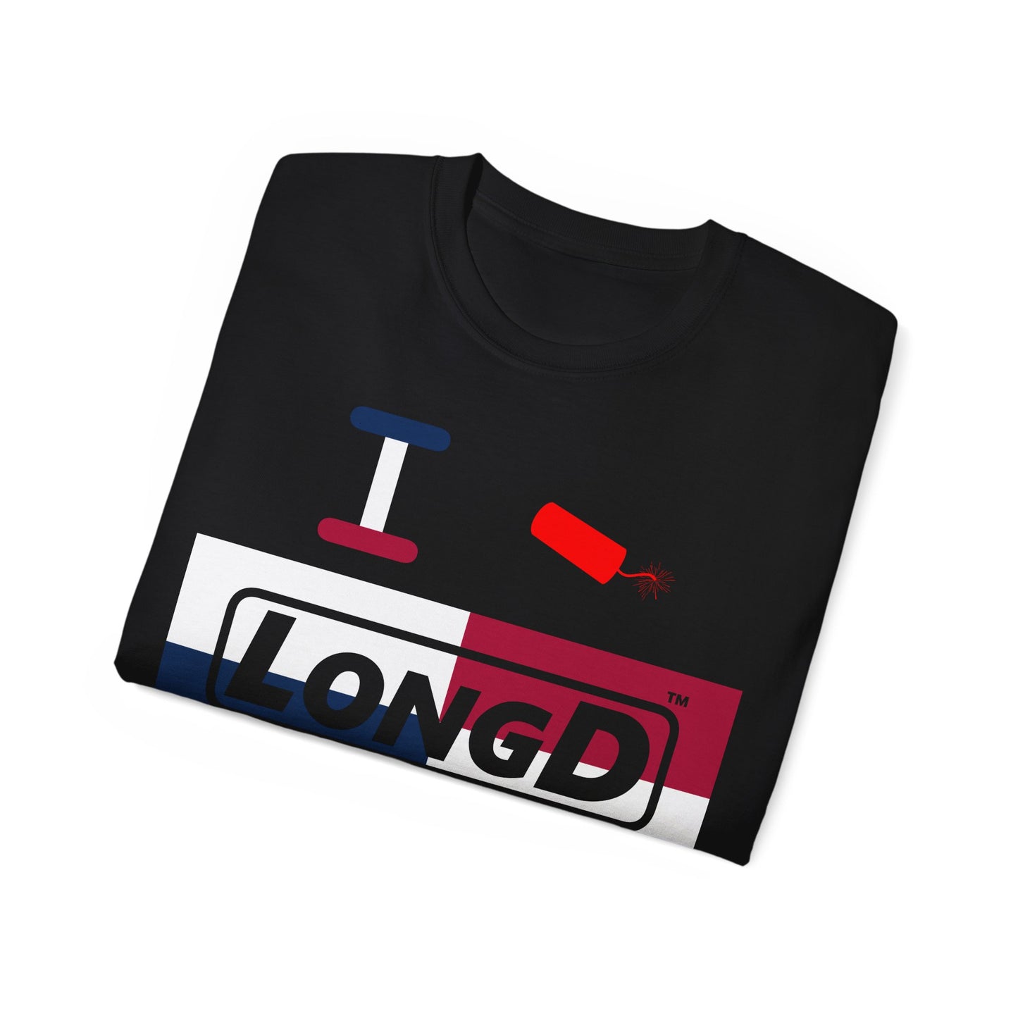 I Firecracker LongD® Logo Cotton Tee Red, White and Blue negative quarters text