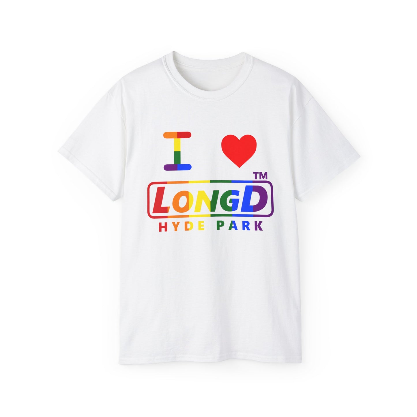 I Luv LongD positive vertical striped Hyde Park logo cotton tee (Pride colors)