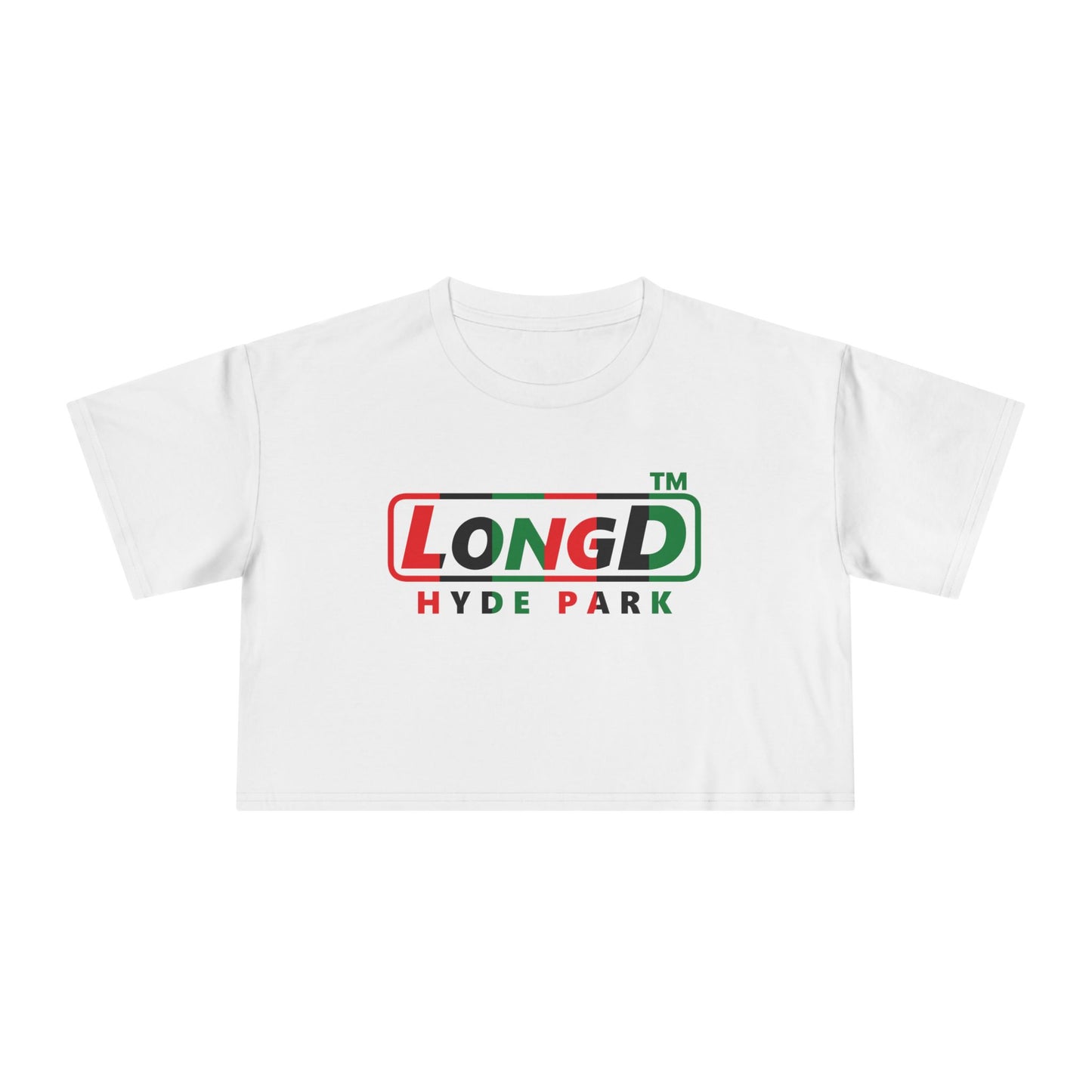 LongD positive vertical 6-striped Hyde Park logo crop tee (Juneteenth colors)