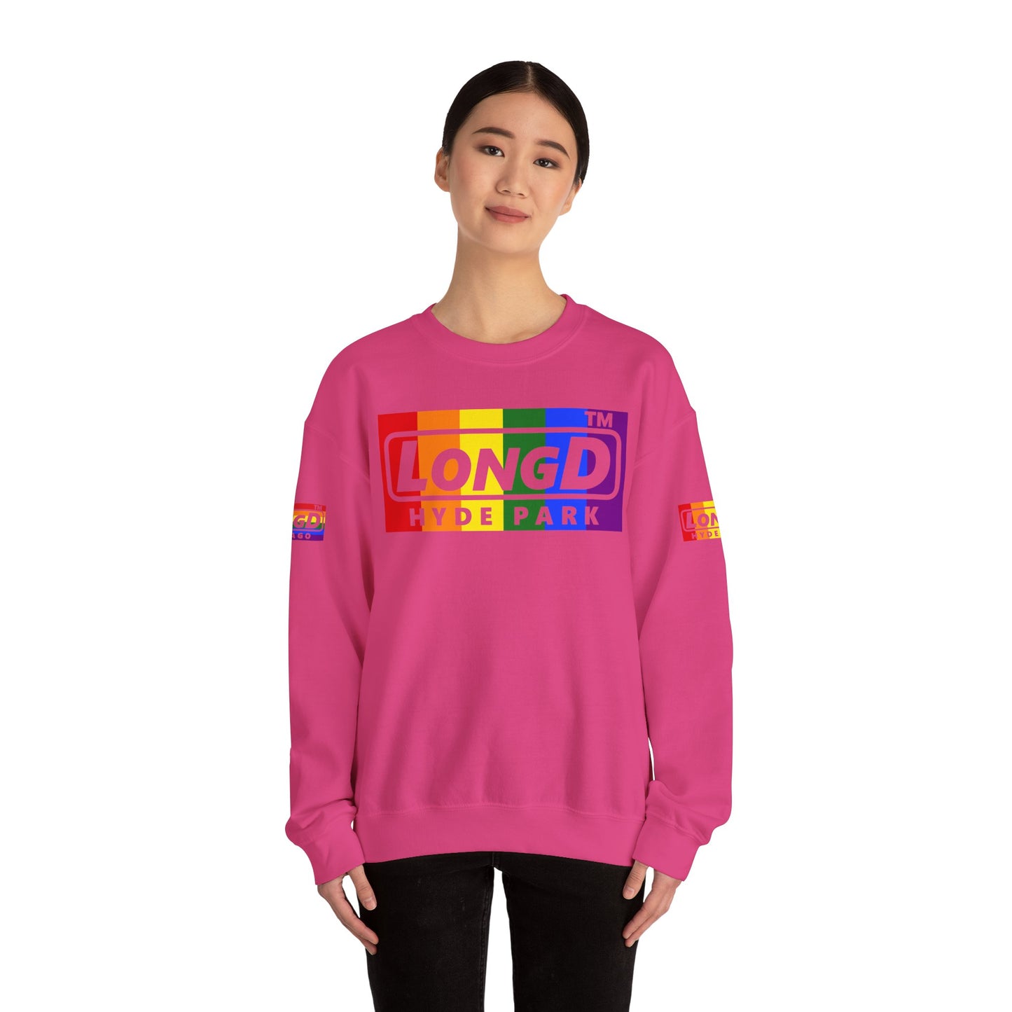 LongD official basic 4-print Hyde Park logo crewneck sweatshirt with Pride heart