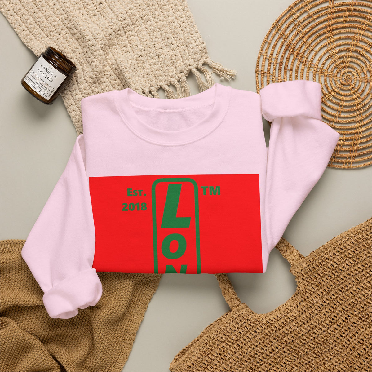 LongD Chicago upright logo positive green on negative red (Xmas colors) crewneck sweatshirt
