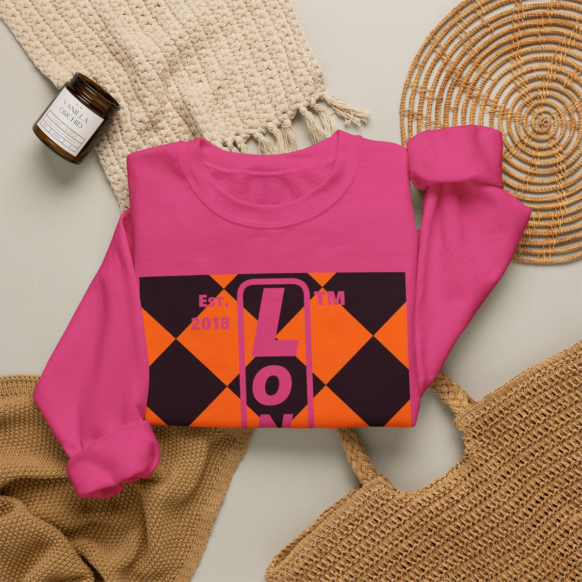 LongD Hyde Park negative upright argyle logo (Halloween colors) crewneck sweatshirt