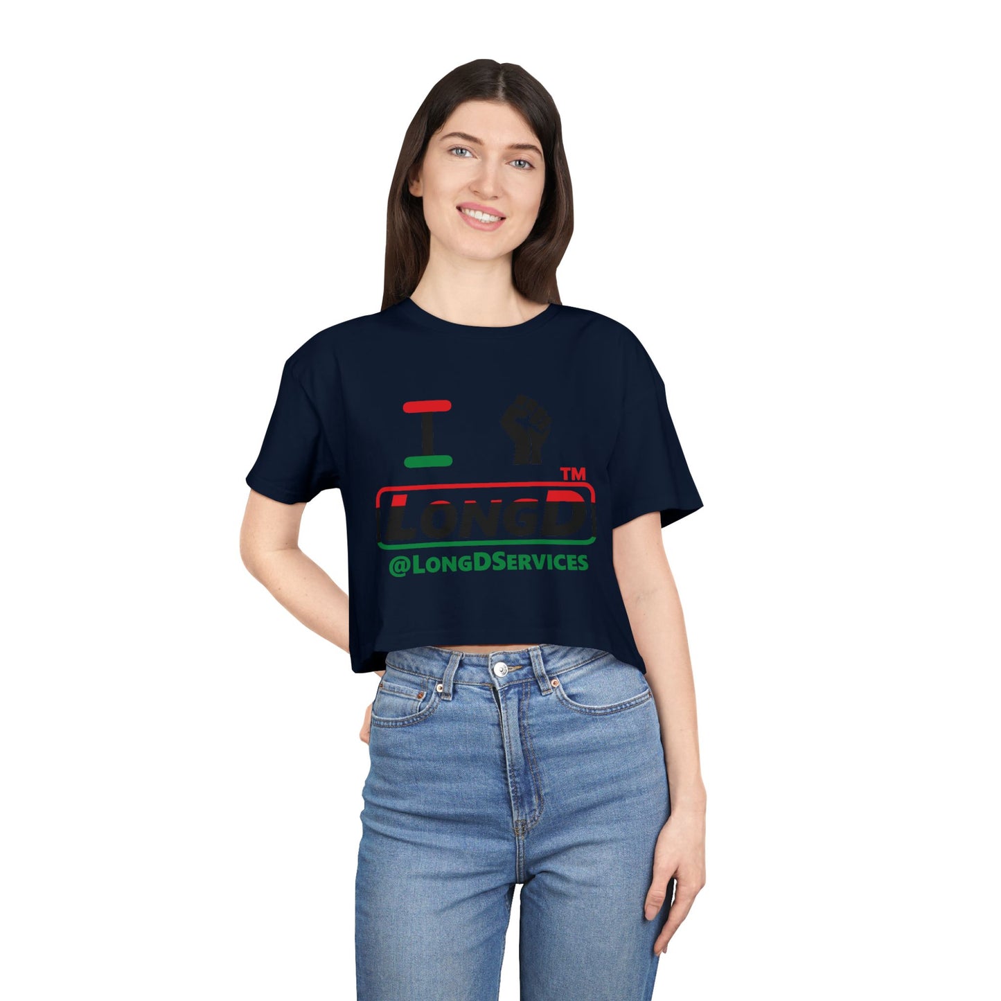 I fist LongD positive horizontal 3-striped tag logo crop tee