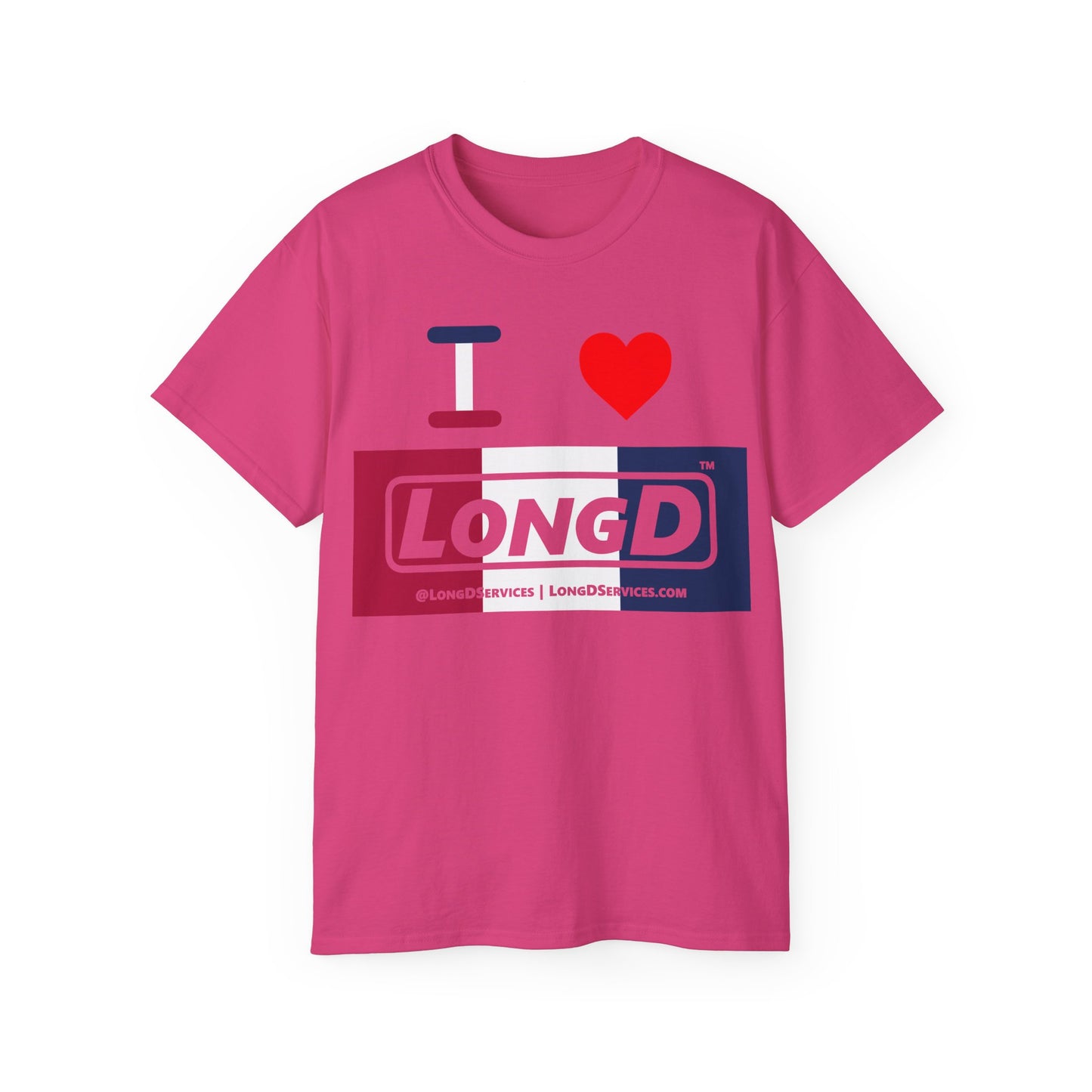 I Luv LongD® Logo Cotton Tee Red, White and Blue negative thirds text