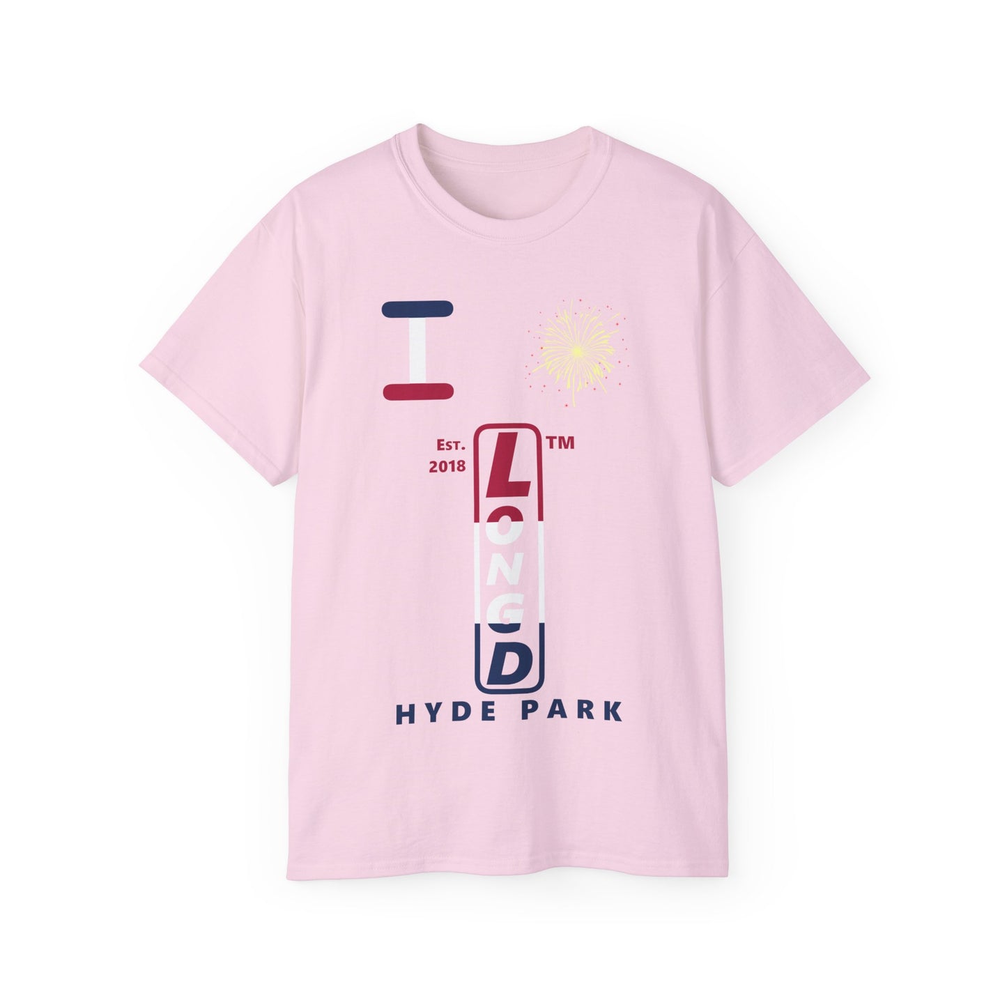 I Burst LongD cotton tee positive horizontal 3-striped Hyde Park upright logo (Patriotic colors)
