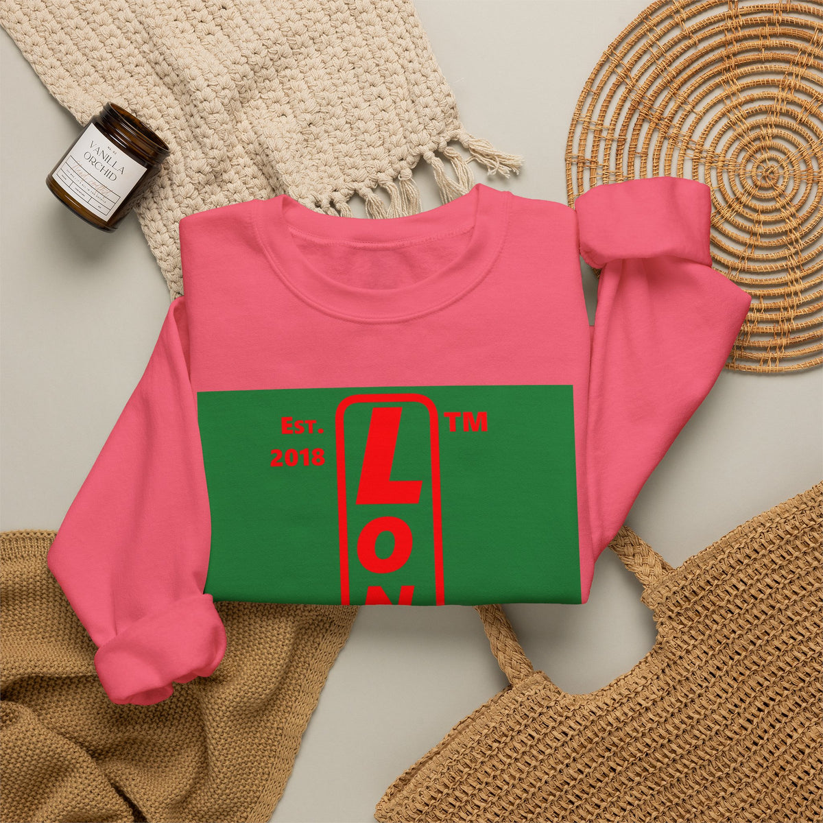 LongD Chicago upright logo positive red on negative green (Xmas colors) crewneck sweatshirt