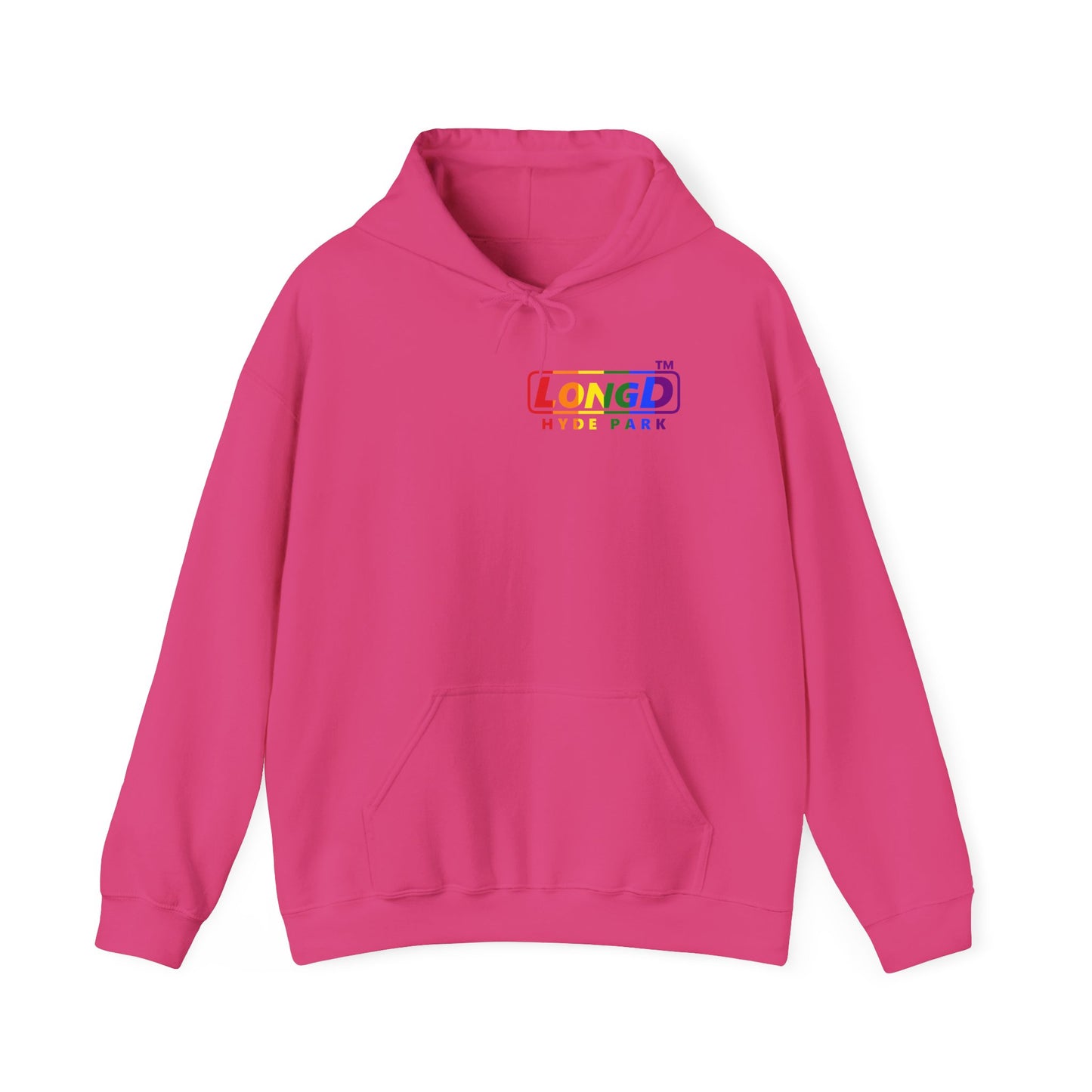 LongD® positive vertical striped single-breasted front-back Hyde Park logo hoodie (Pride colors)