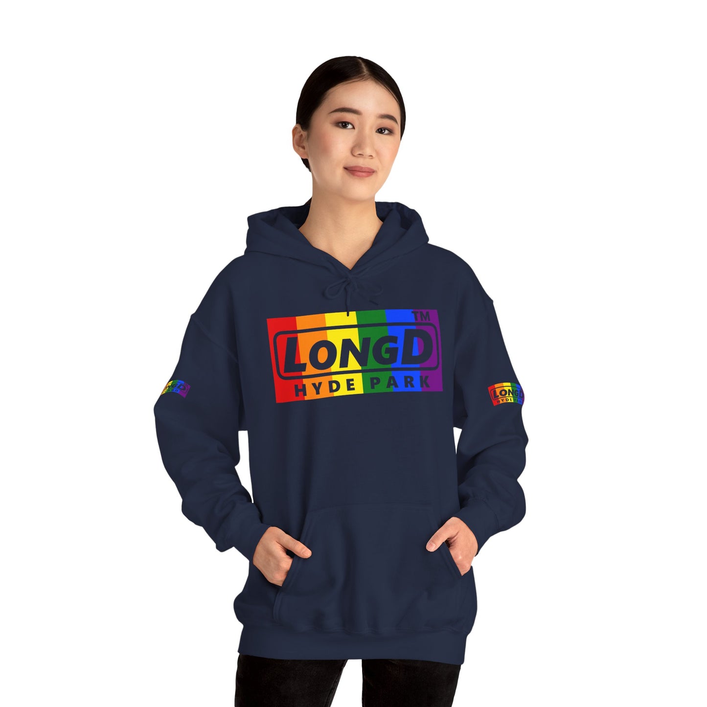 LongD® negative vertical striped 4-print Hyde Park logo hoodie (Pride colors)