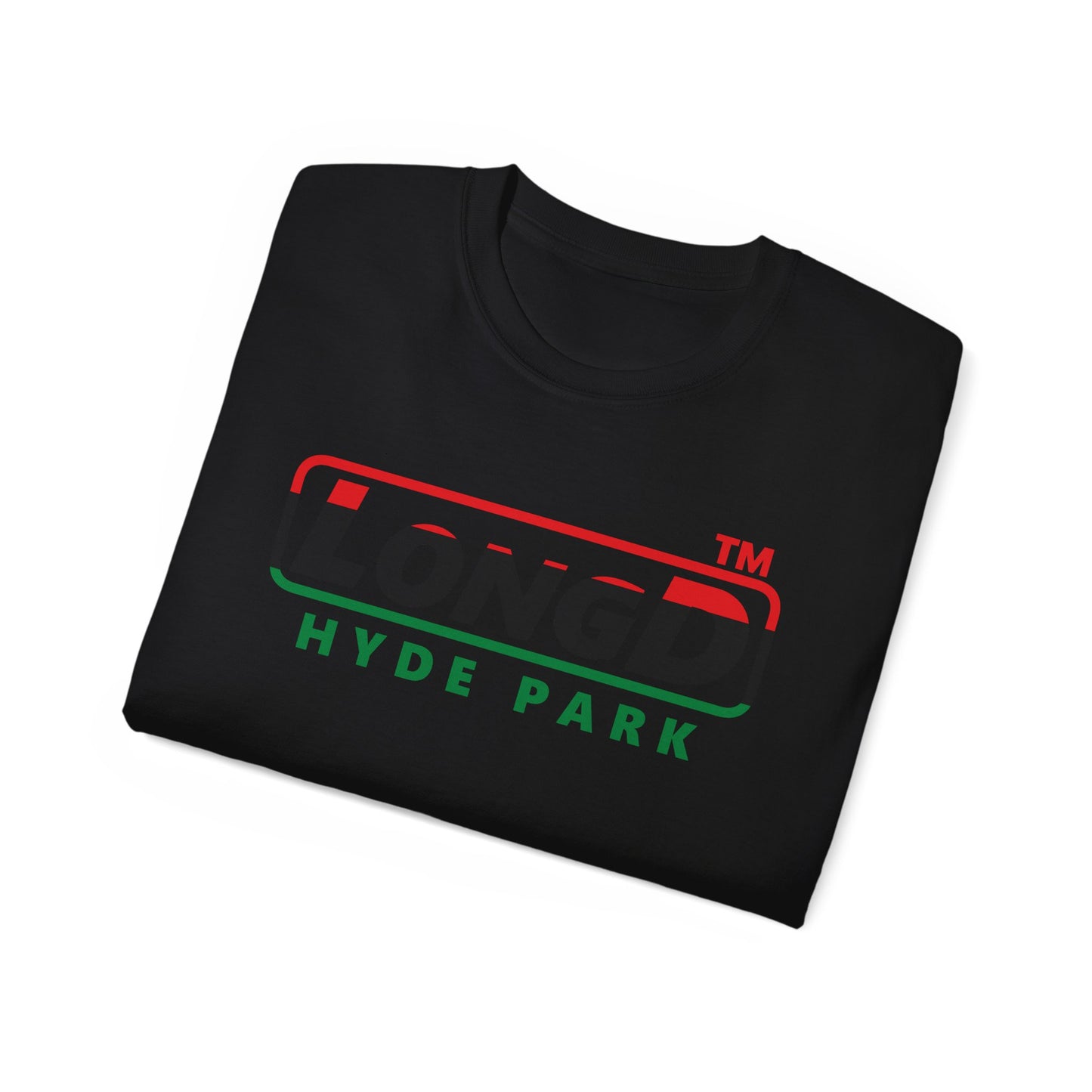 LongD positive horizontal 3-striped Hyde Park logo cotton tee (Juneteenth colors)