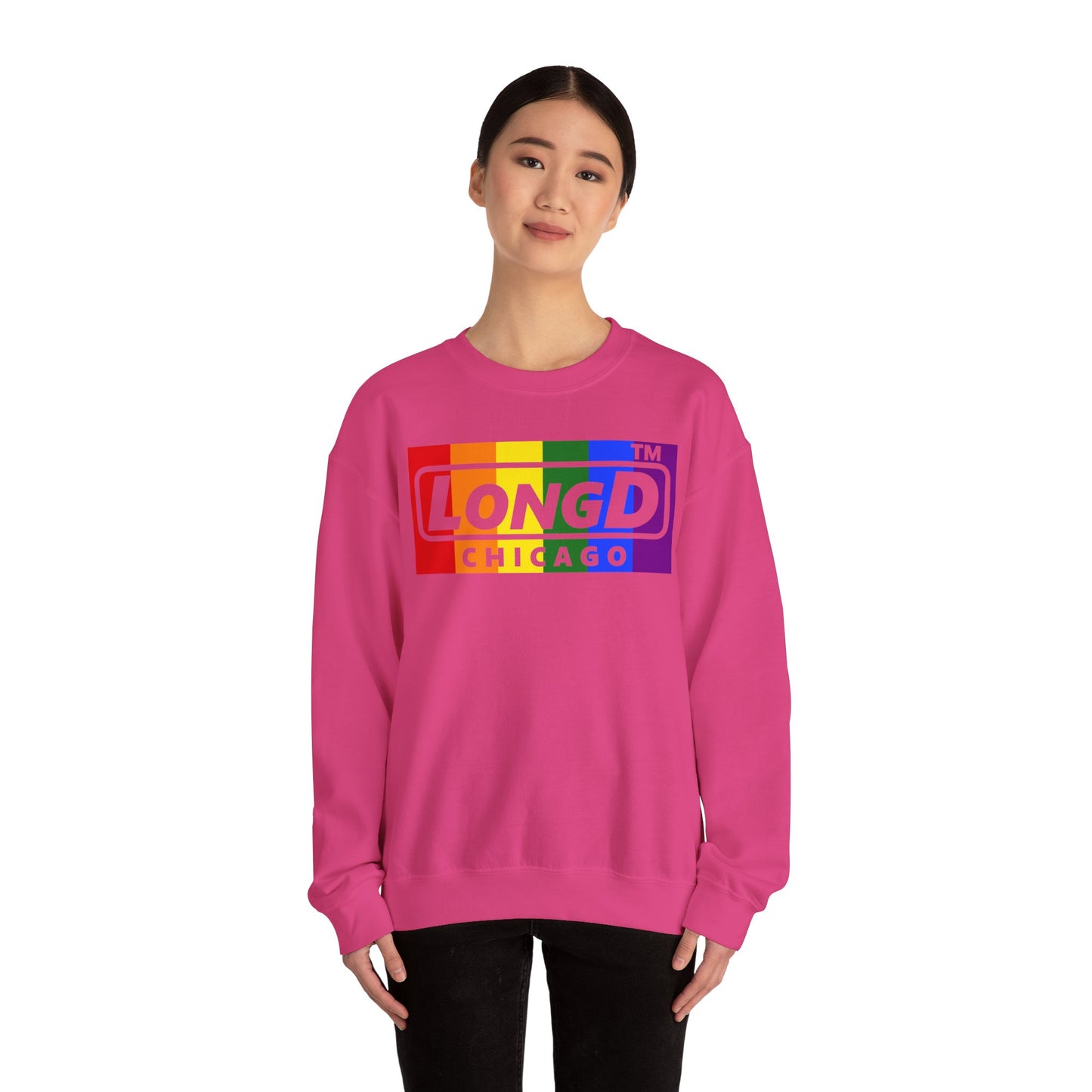 LongD negative vertical striped Chicago logo crewneck sweatshirt (Pride colors)