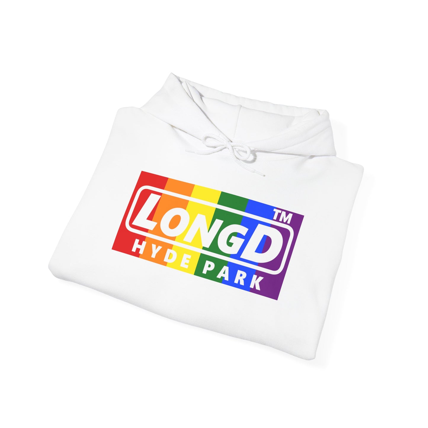 LongD® negative vertical striped 4-print Hyde Park logo hoodie (Pride colors)