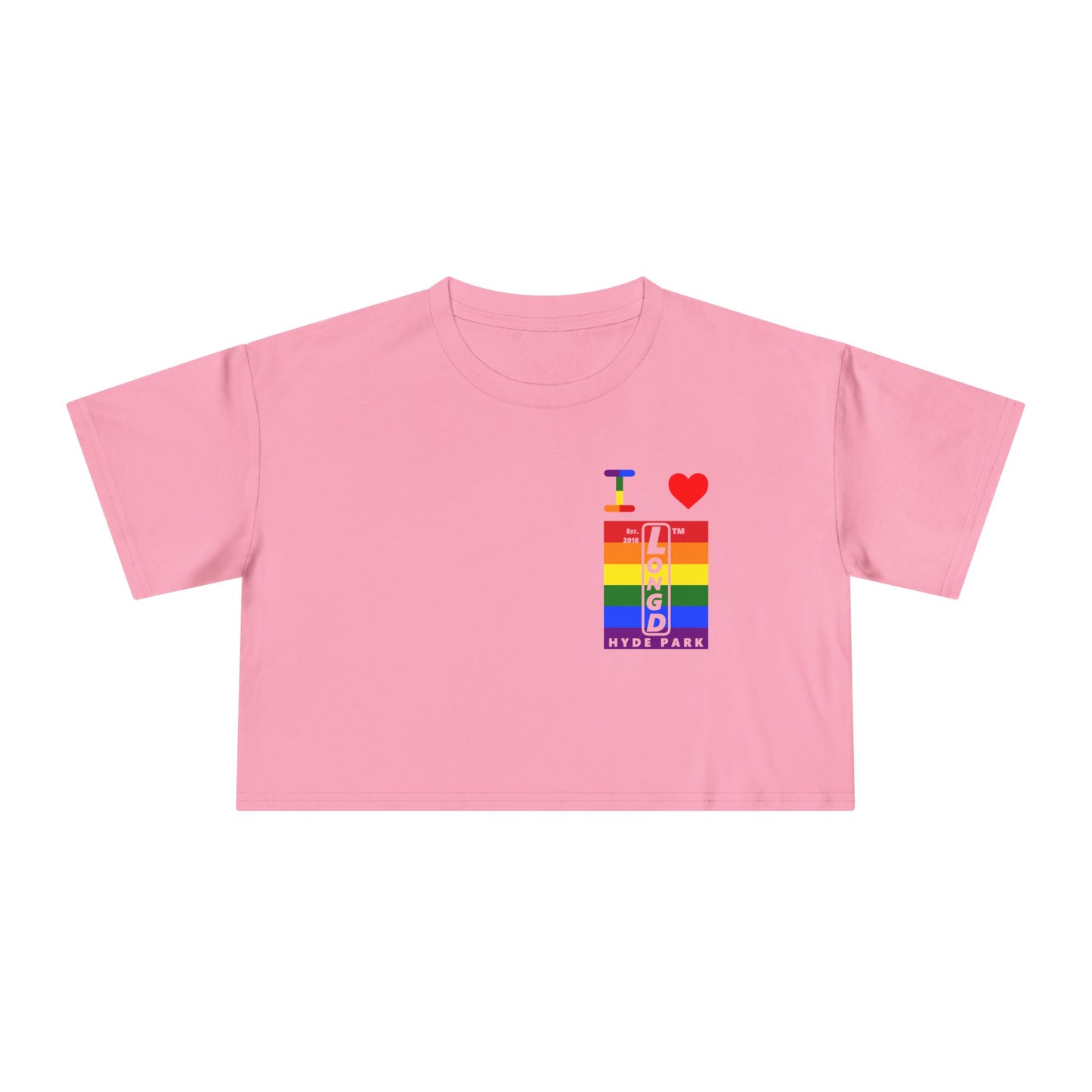 I Luv LongD Negative horizontal 6-striped upright single-breasted Hyde Park logo crop tee (Pride colors)