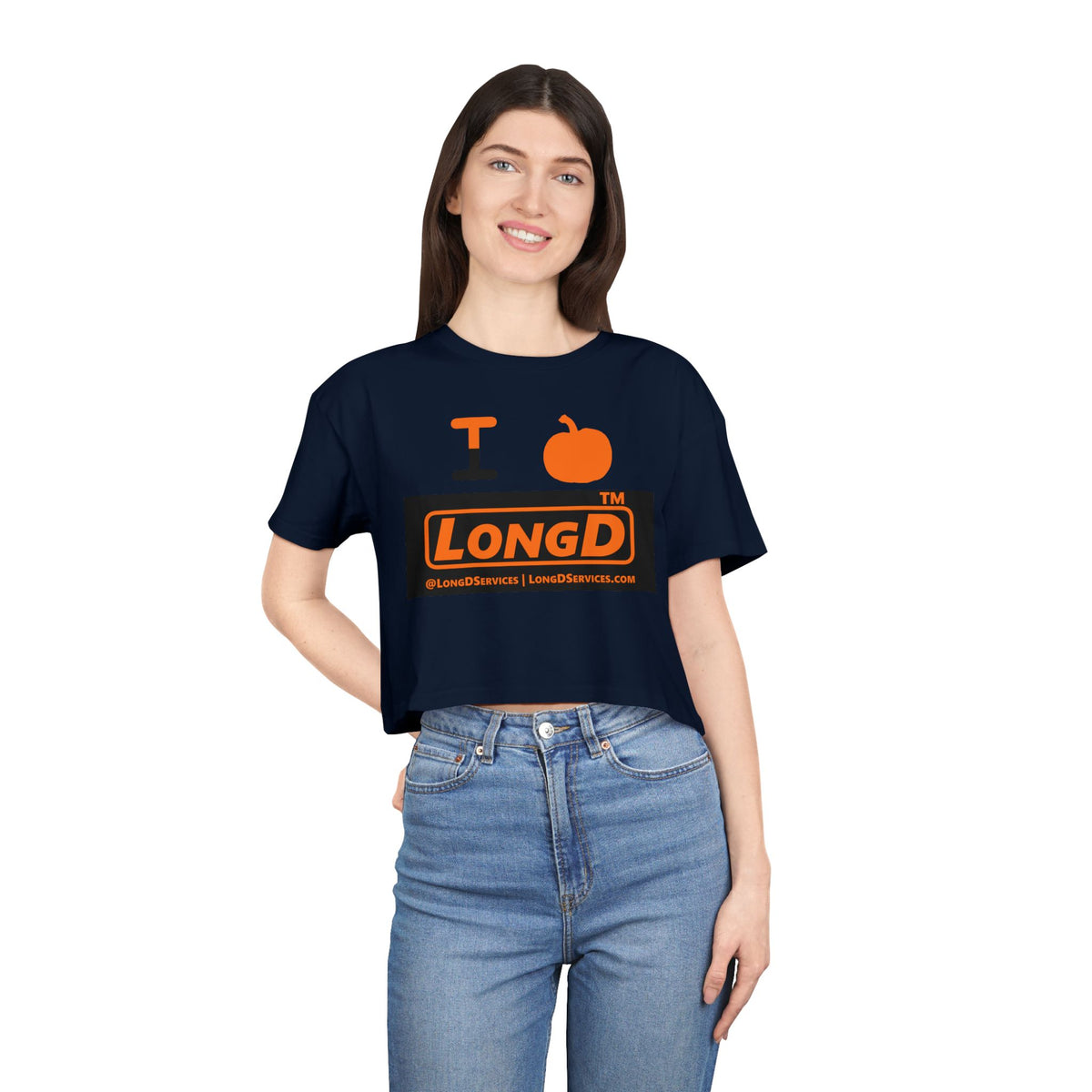 I pumpkin LongD Tag-domain logo positive orange on negative black crop tee