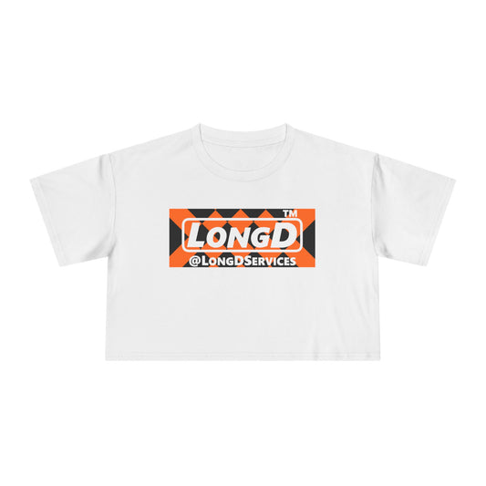 LongD Tag negative stylized argyle logo (Halloween colors) crop tee