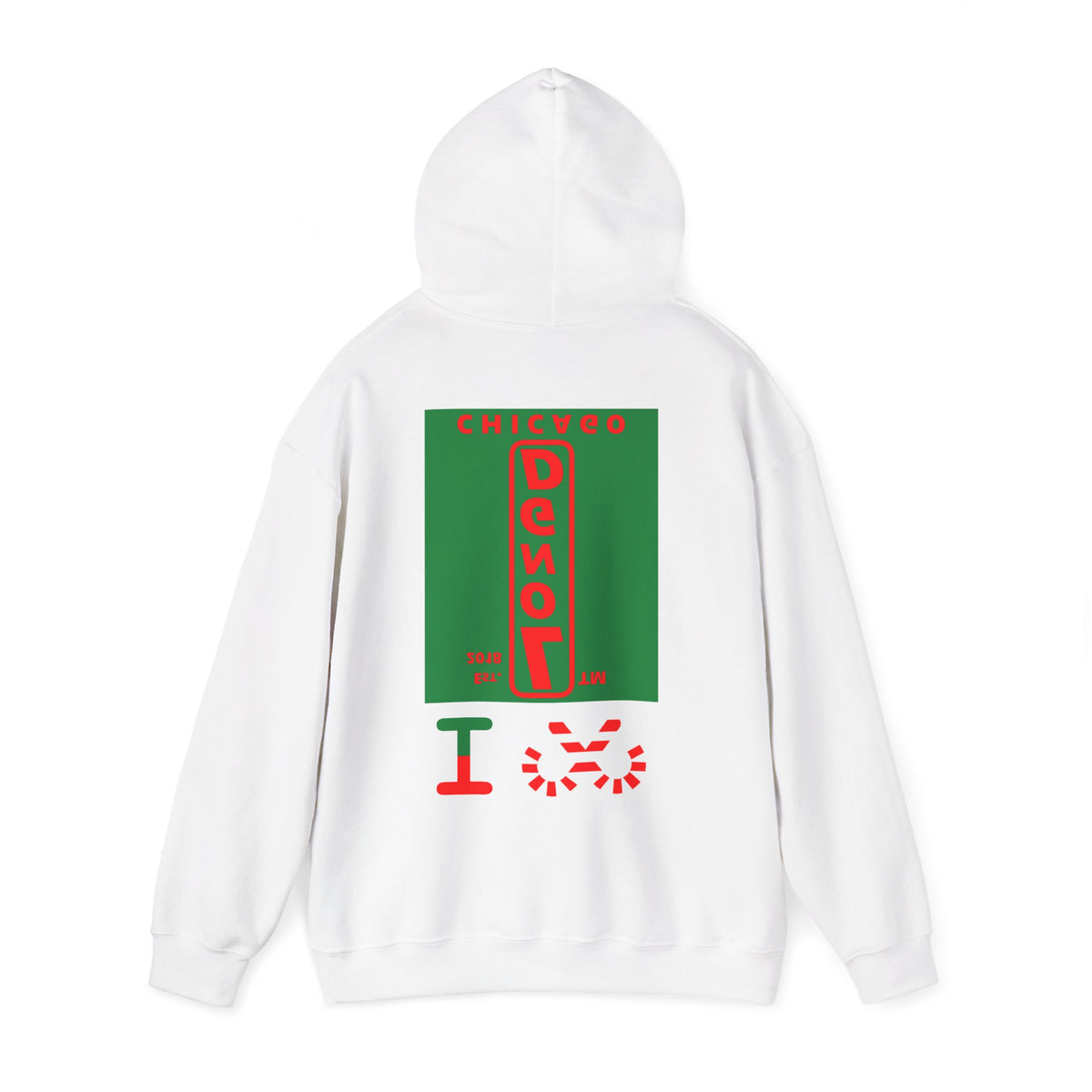 I candy cane LongD Chicago upright front-back logo positive red on negative green hoodie