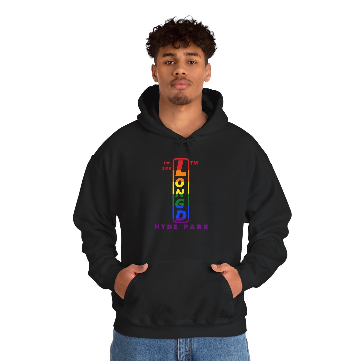 LongD® positive horizontal 6-striped Hyde Park logo hoodie (Pride colors)