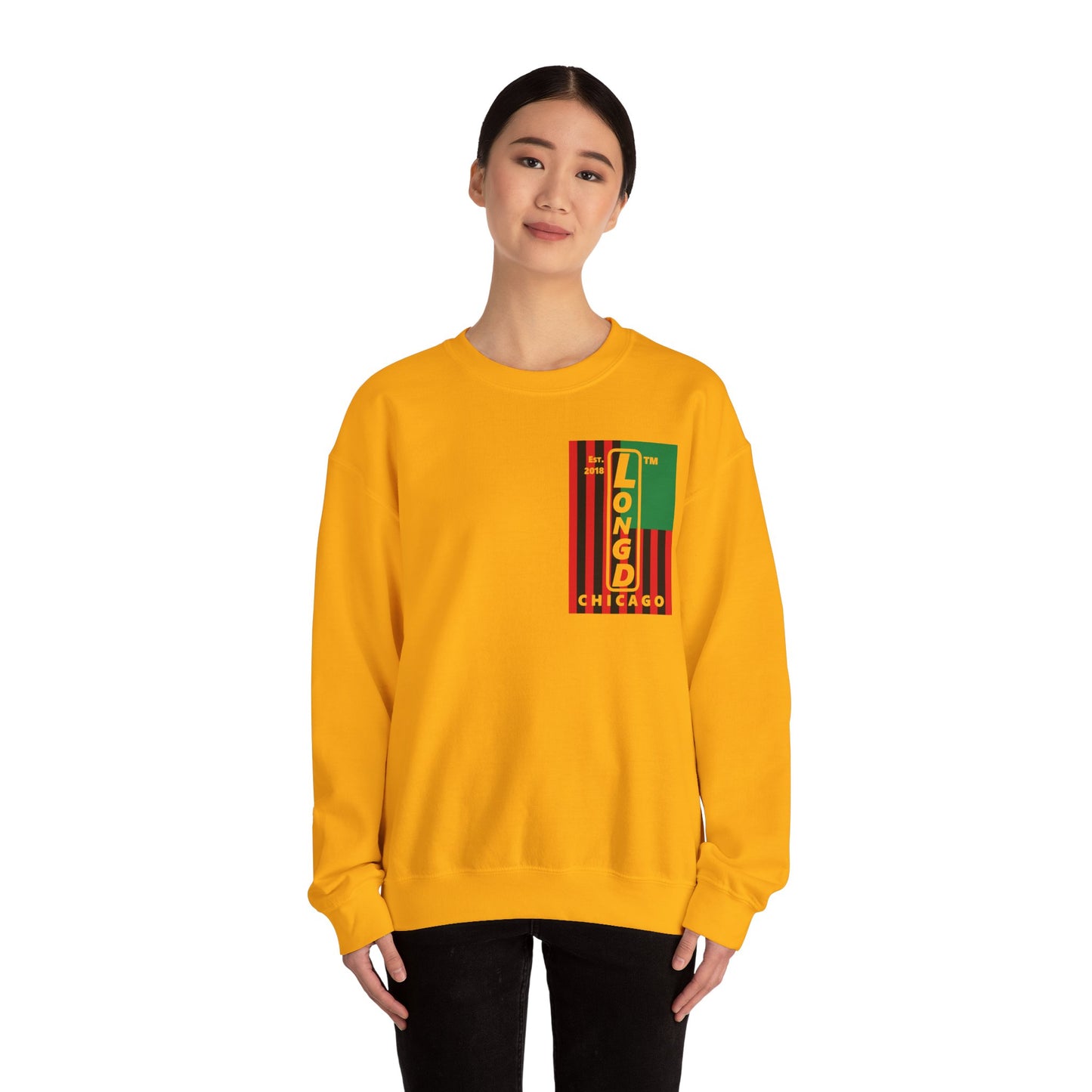 LongD negative cropped flag single-breasted front-back Chicago upright logo crewneck sweatshirt (Juneteenth colors)