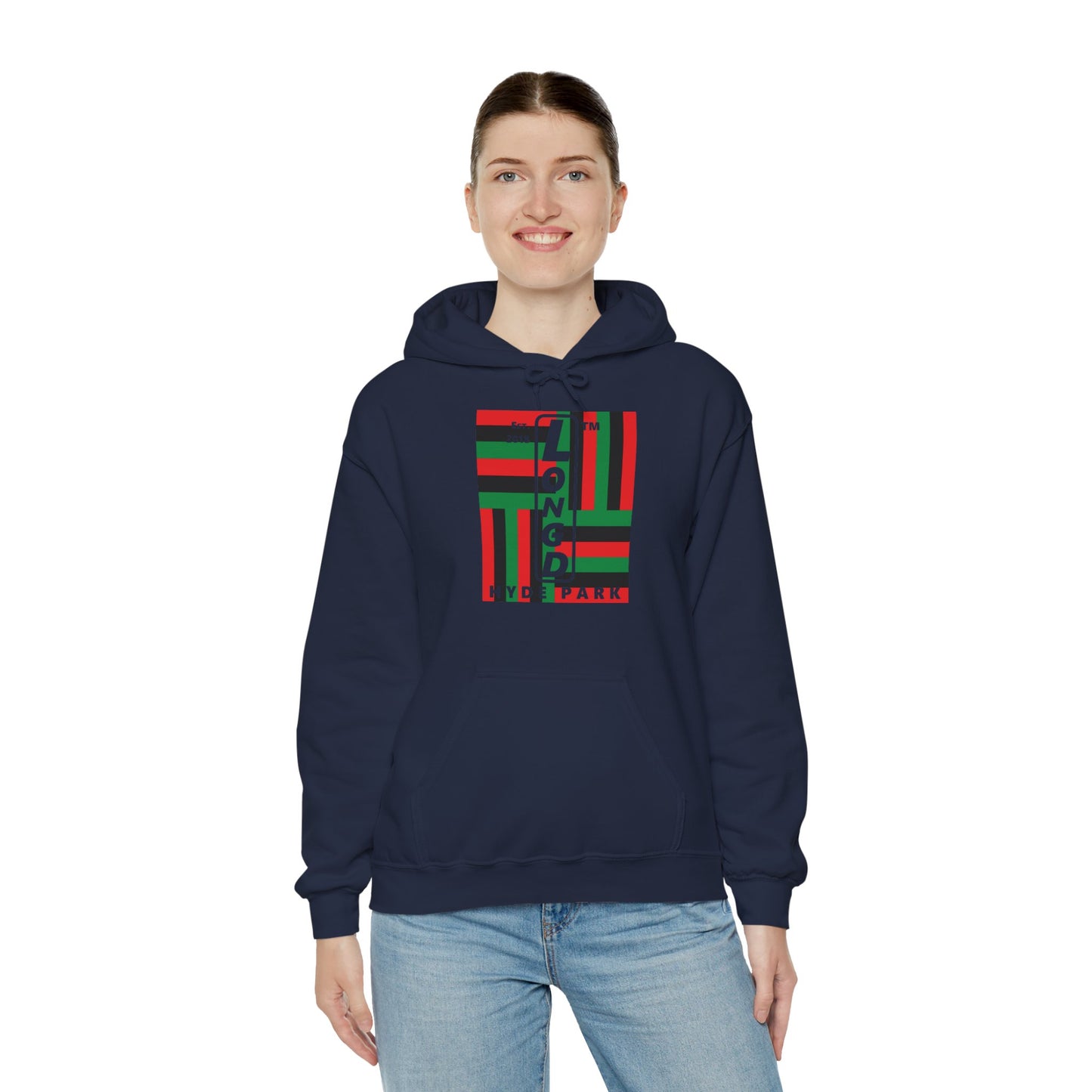 LongD® negative windmill upright Hyde Park logo hoodie (Juneteenth colors)