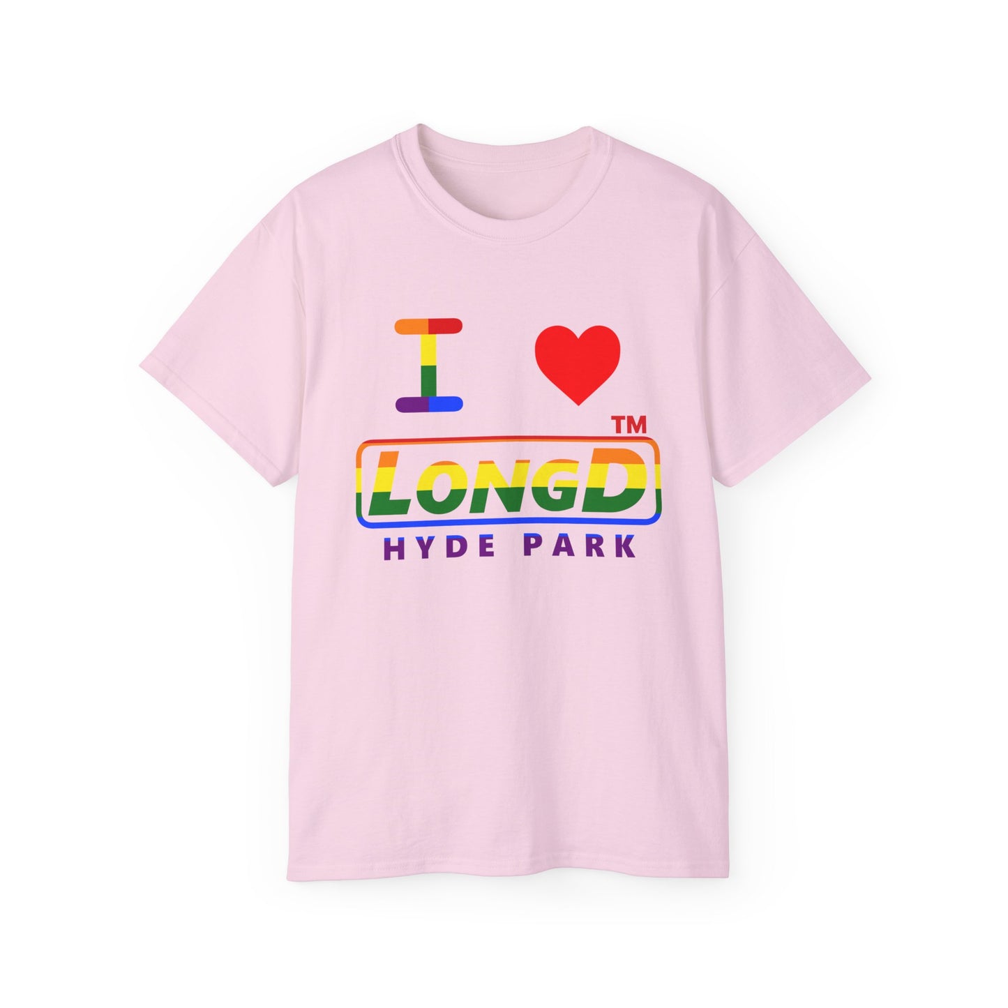 I Luv LongD positive horizontal striped Hyde Park logo cotton tee (Pride colors)