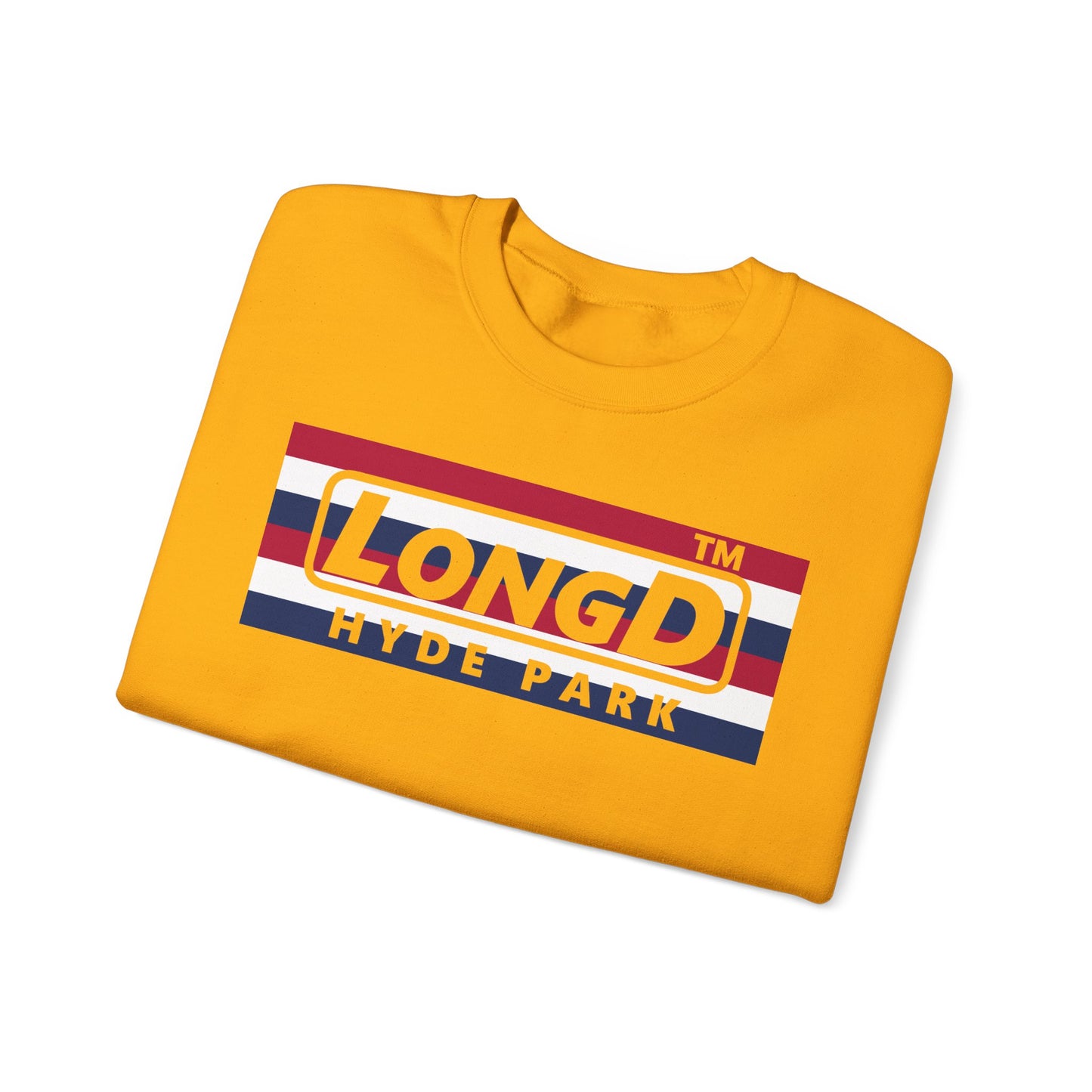 LongD negative horizontal 6-striped Hyde Park logo crewneck sweatshirt (patriotic colors)