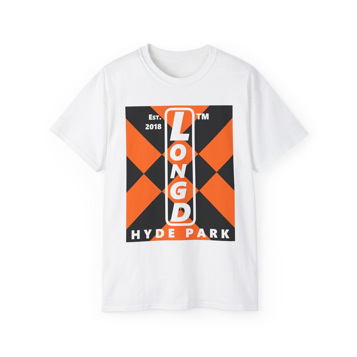 LongD Hyde Park negative upright mixed argyle logo (Halloween colors) cotton tee