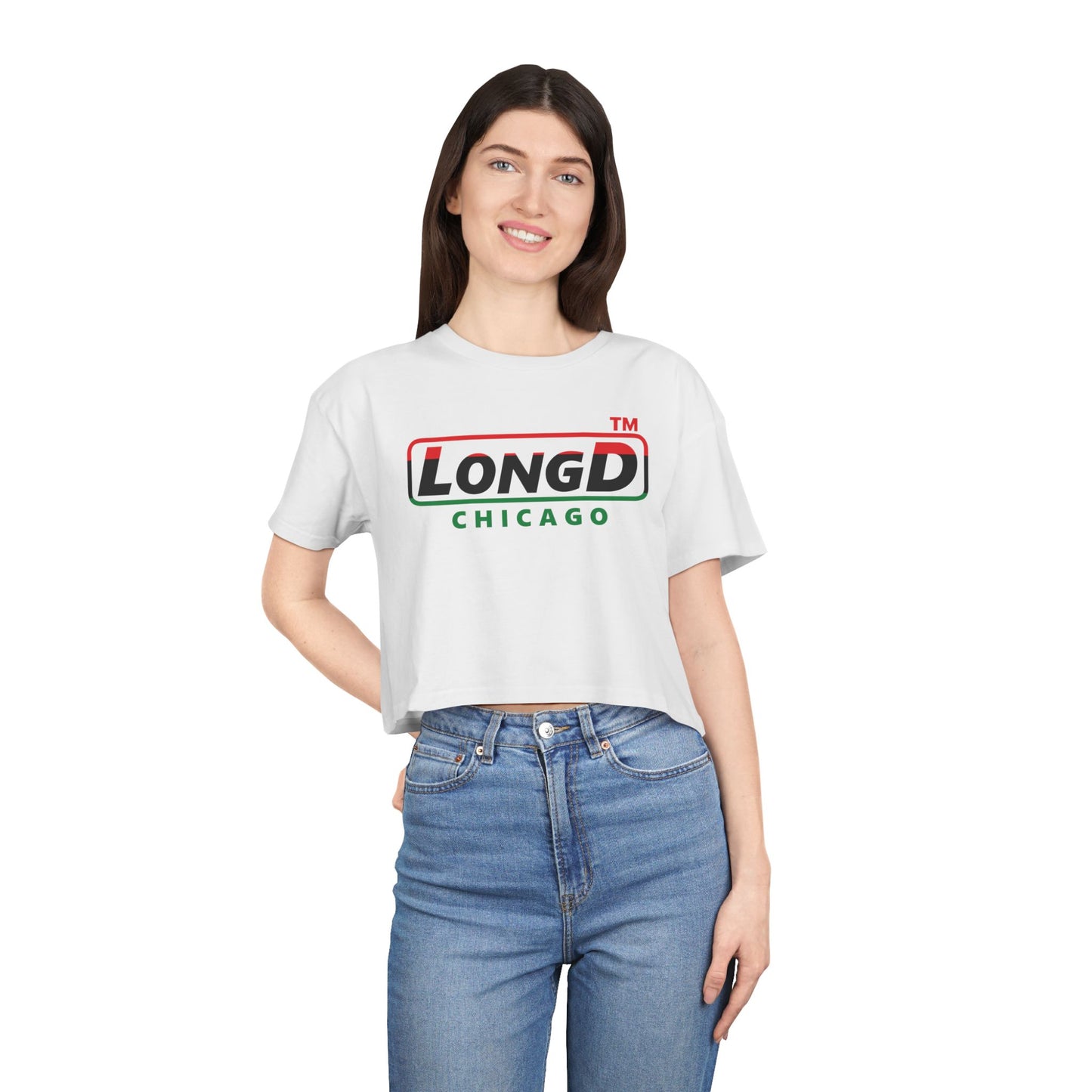 LongD positive horizontal 3-striped Chicago logo crop tee (Juneteenth colors)