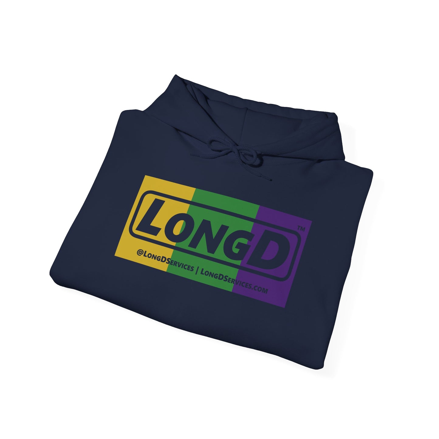 LongD® Logo Hoodie (Mardi Gras Forest Green-Royal Purple-Goldenrod Yellow negative text)