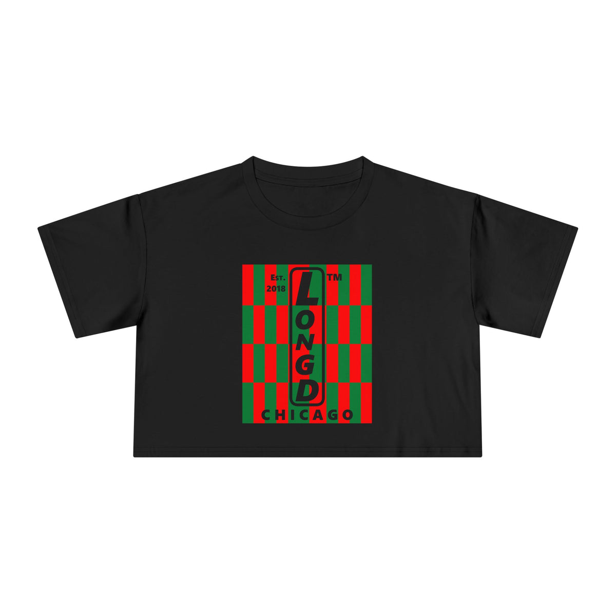 LongD Chicago negative upright tiled logo (Xmas colors) crop tee