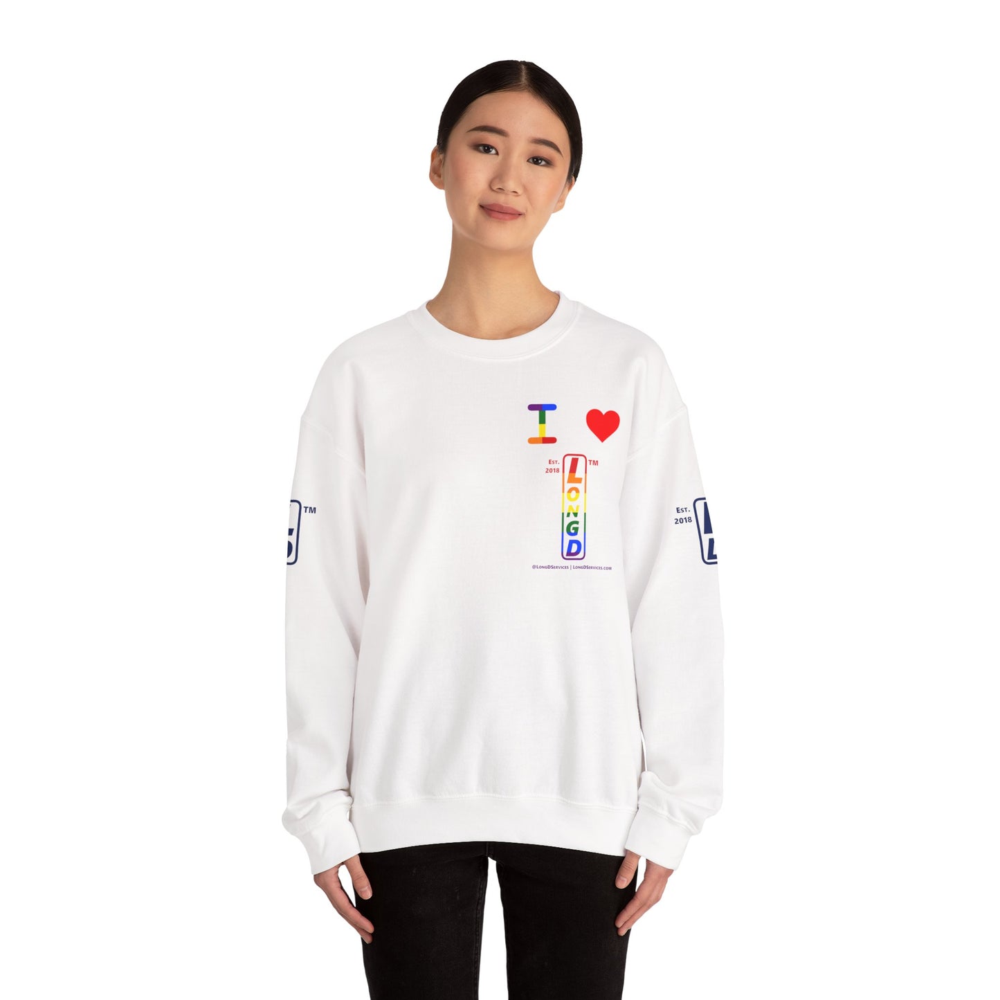 I Luv LongD positive horizontal 6-striped tag-domain upright 4-print single-breasted logo crewneck sweatshirt