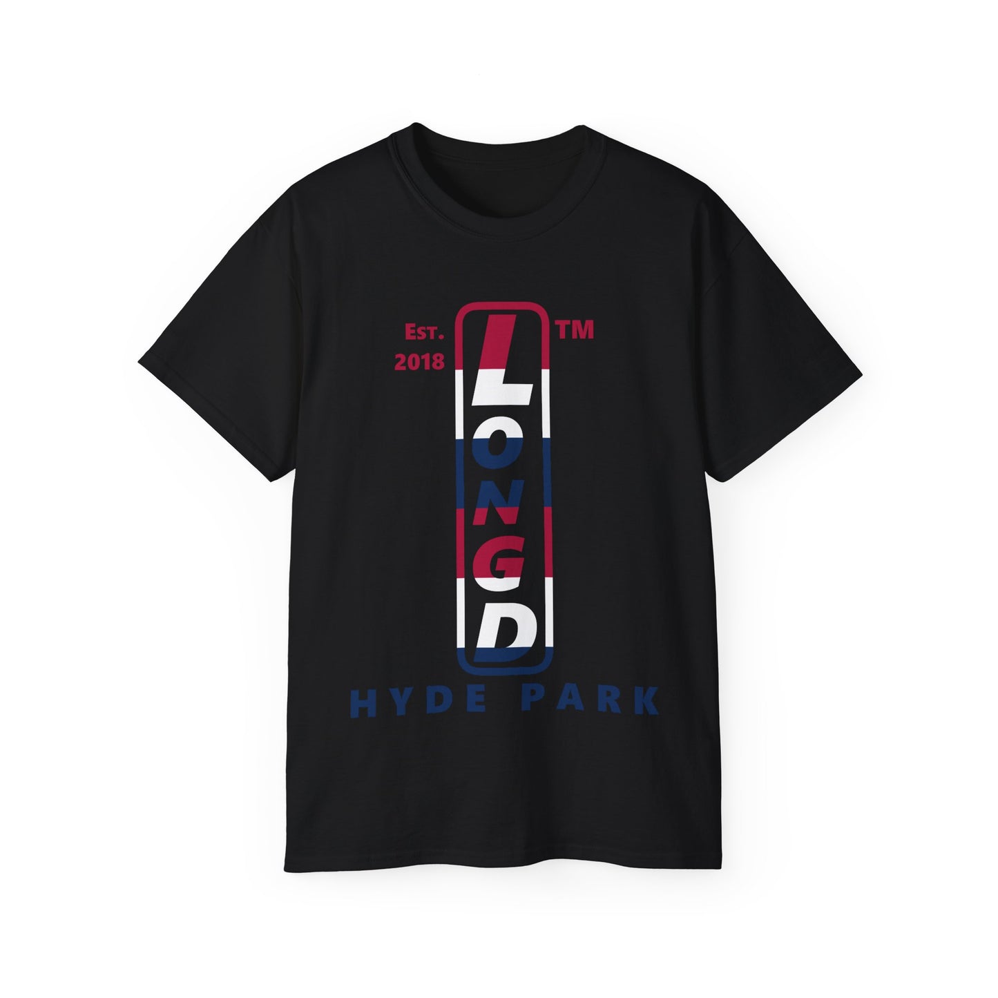 LongD cotton tee positive horizontal 6-striped Hyde Park upright logo (Patriotic colors)