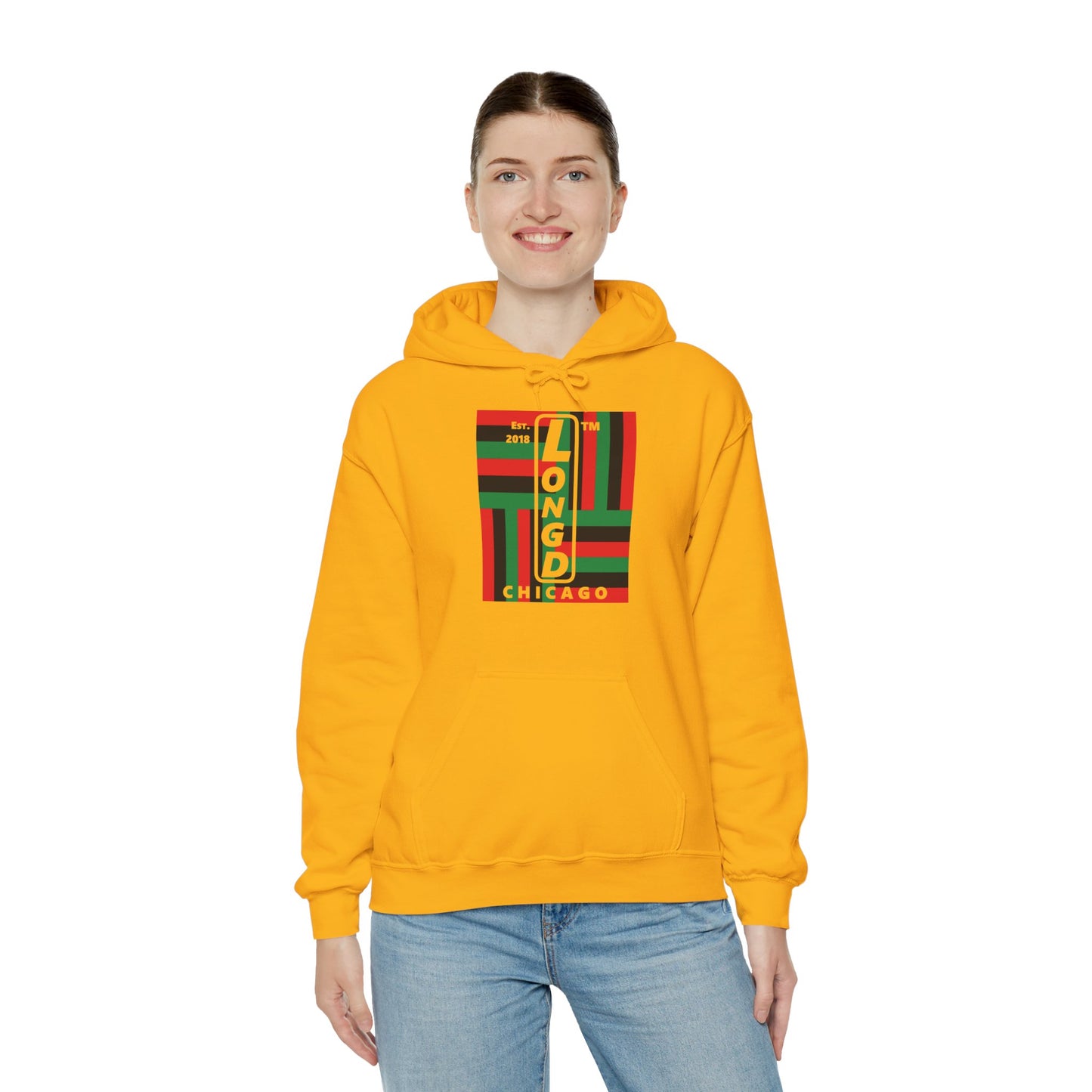 LongD® negative windmill upright Chicago logo hoodie (Juneteenth colors)