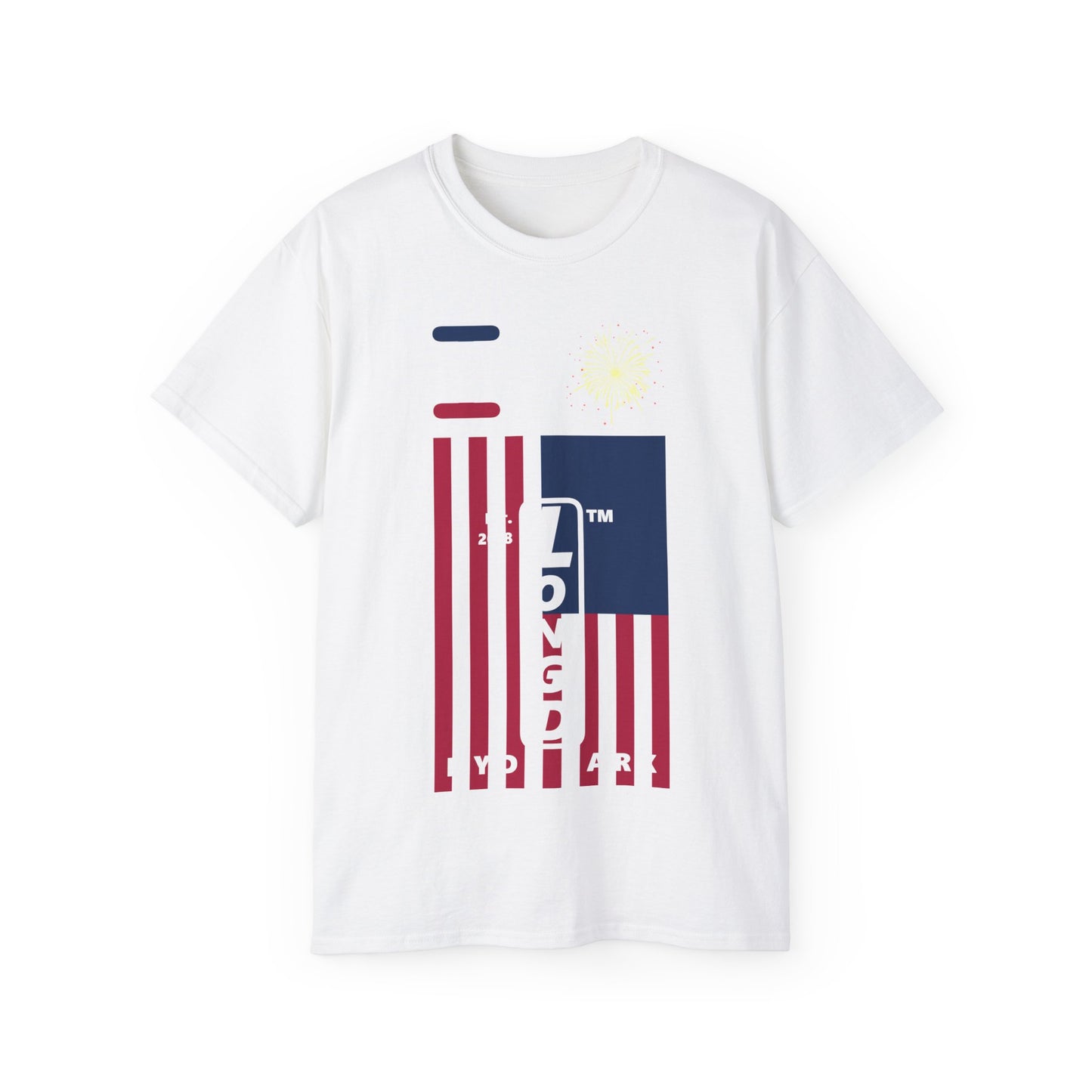 I Burst LongD cotton tee negative cropped flag Hyde Park upright logo (Patriotic colors)