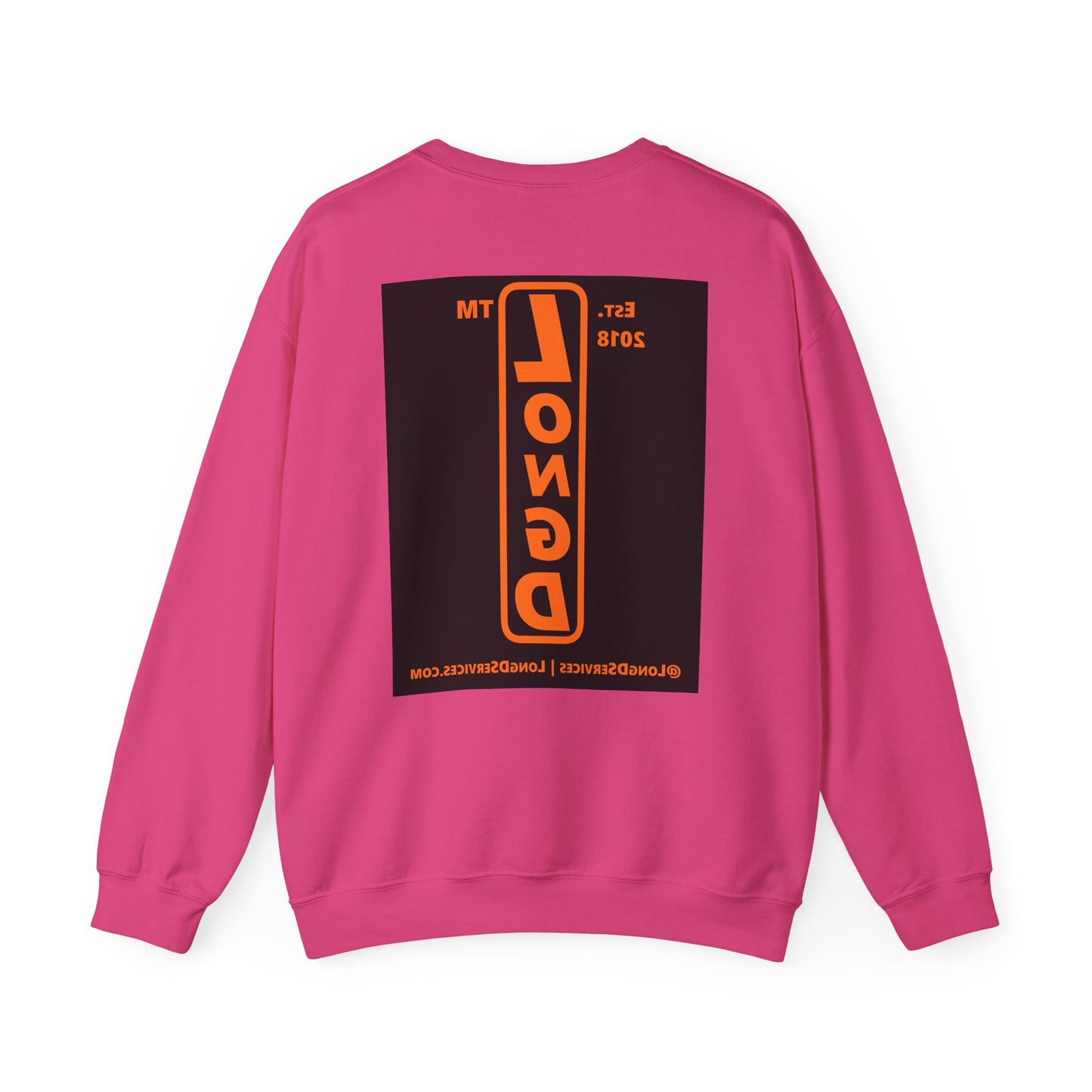 LongD Tag-domain upright front-back logo orange (FE7518) on Black (000000) crewneck sweatshirt