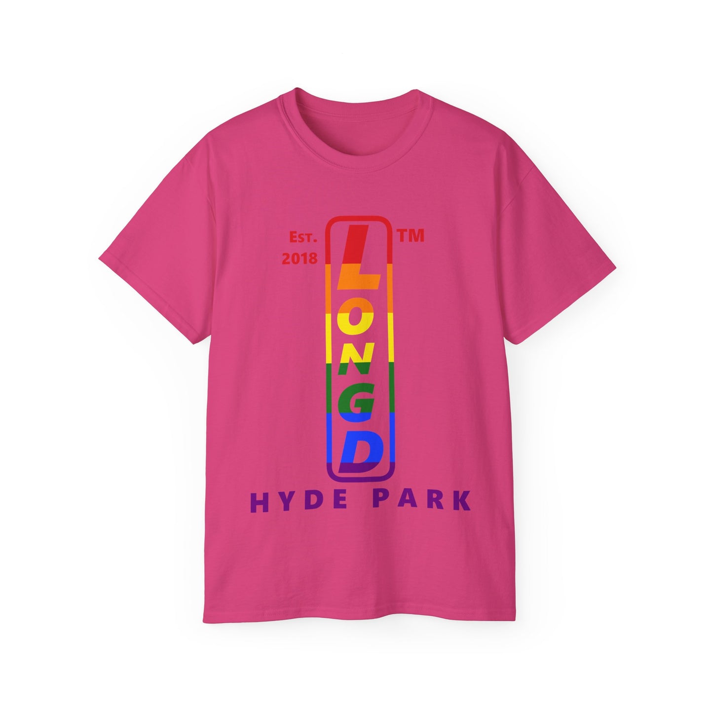 LongD Cotton Tee positive horizontal striped Hyde Park upright logo (Pride colors)