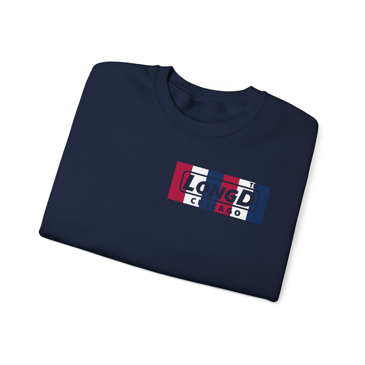LongD negative vertical 6-striped 4-print single-breasted Chicago logo crewneck sweatshirt (patriotic colors)