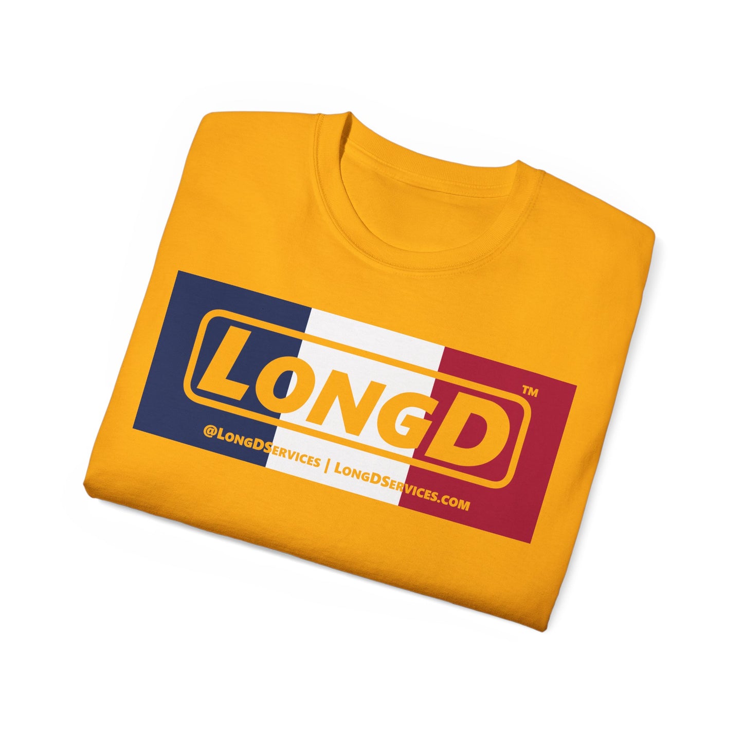 LongD® Logo Cotton Tee Blue, White and Red negative thirds text