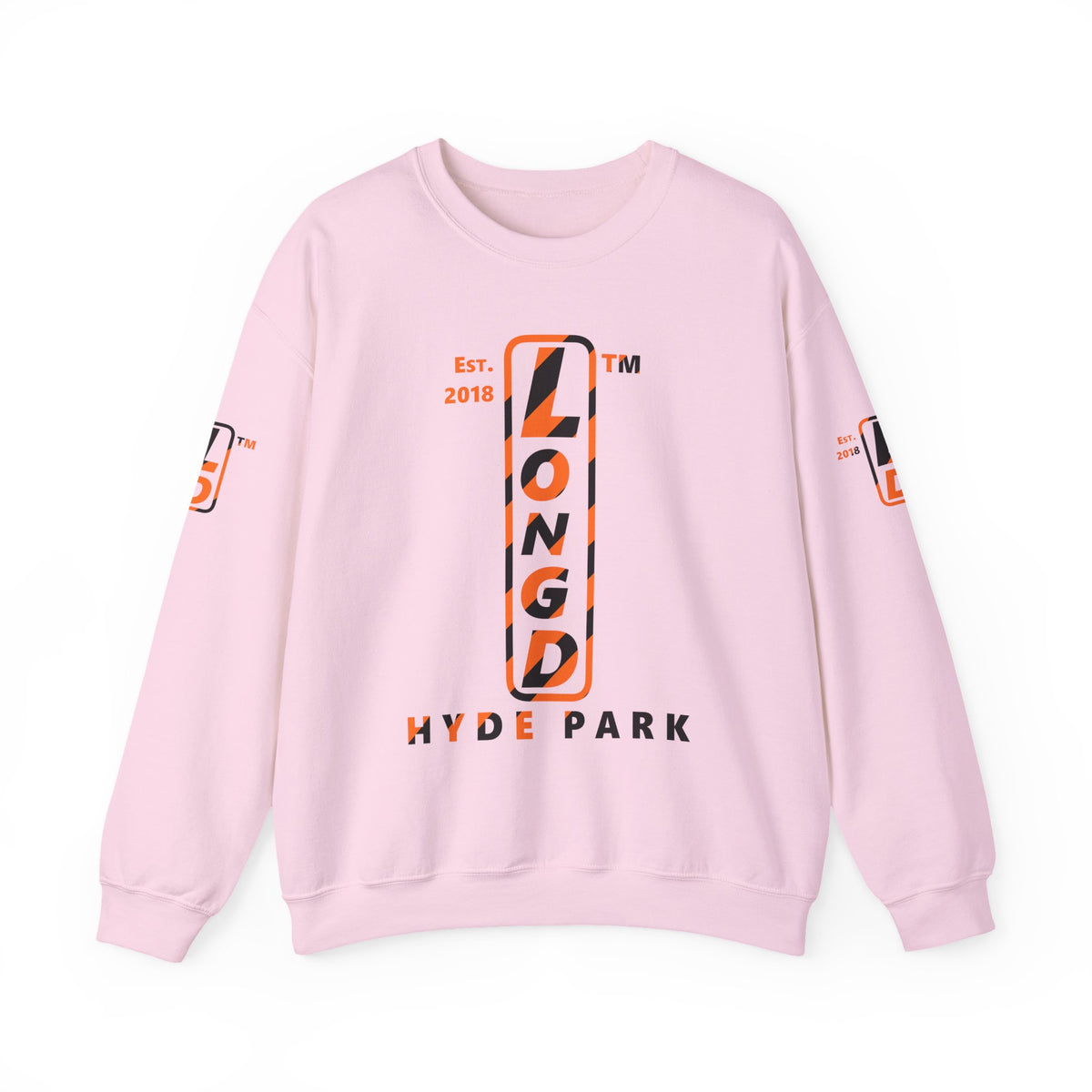 LongD Hyde Park positive upright pixel-weighted 12-striped 4-print logo (Halloween colors) crewneck sweatshirt